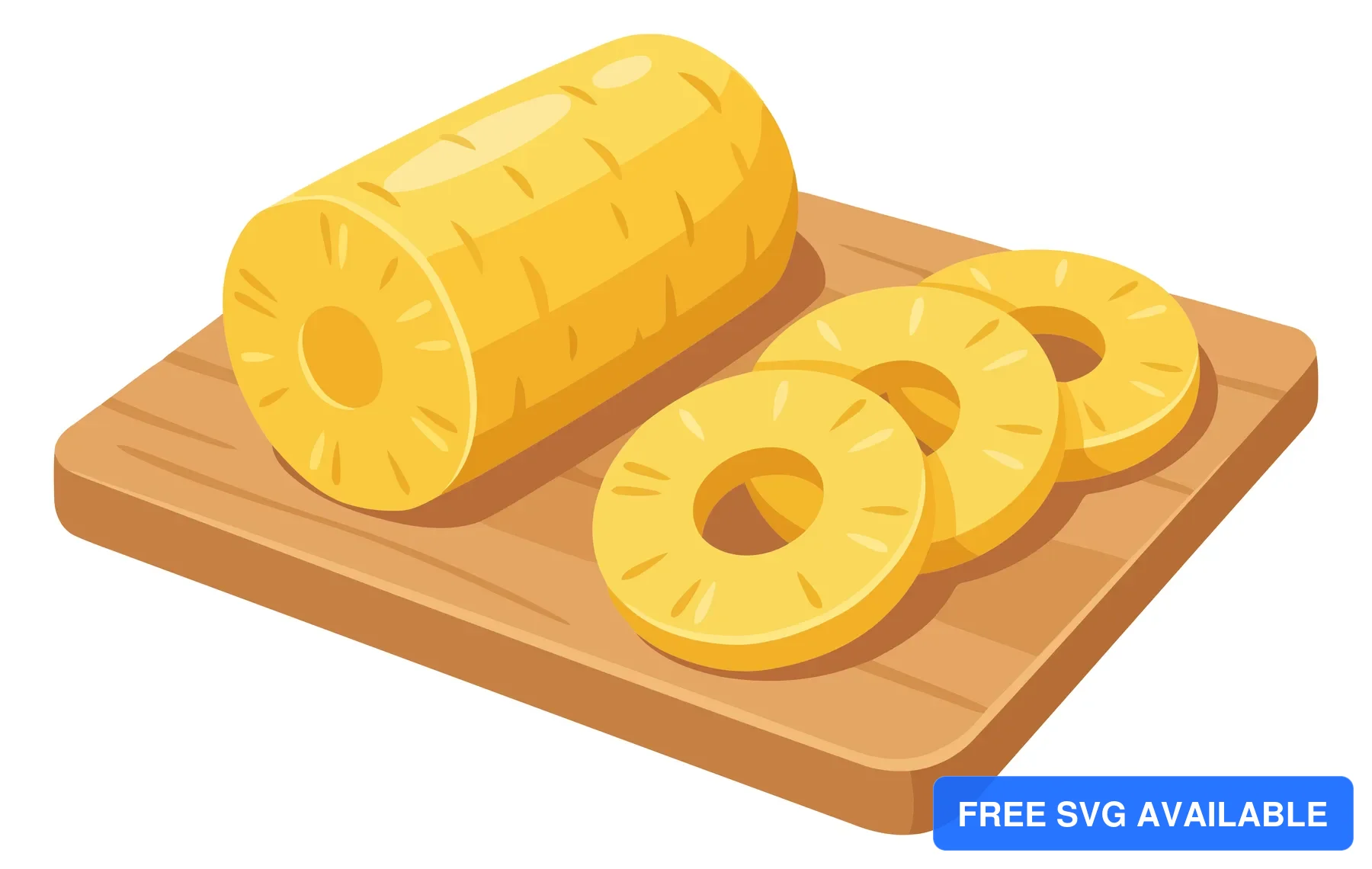 peeled pineapple cylinder and slices on wooden cutting board isolated on white background