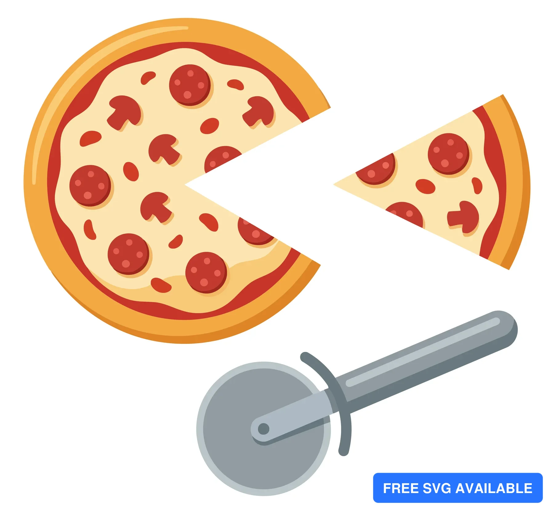 pepperoni and mushroom pizza with a missing slice and a cutter vector illustration