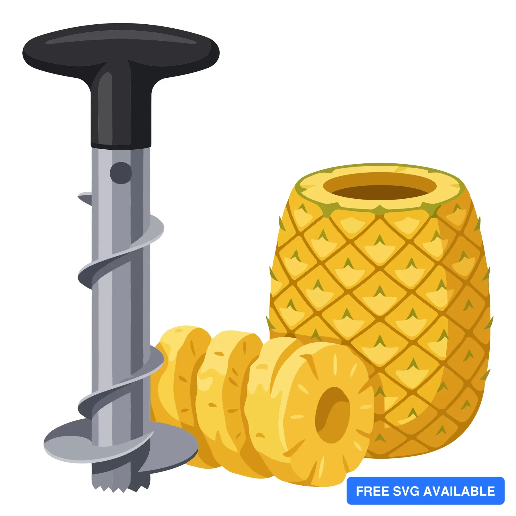 pineapple corer tool and sliced fruit isolated on white background
