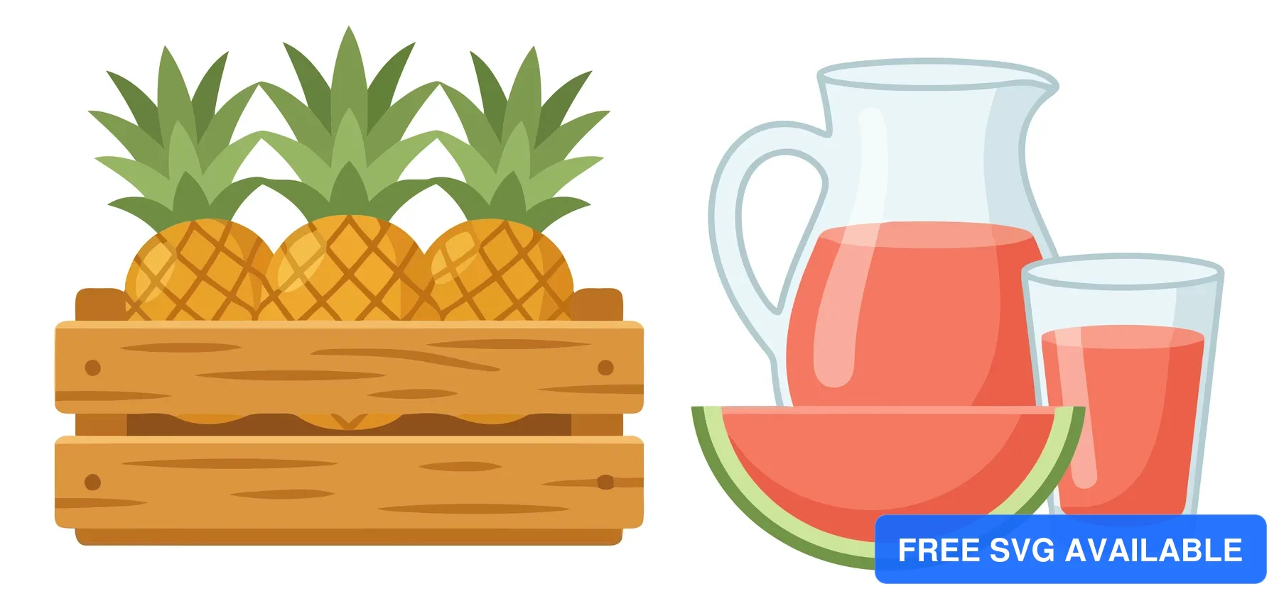 pineapples in wooden crate and watermelon juice in pitcher and glass isolated on white background