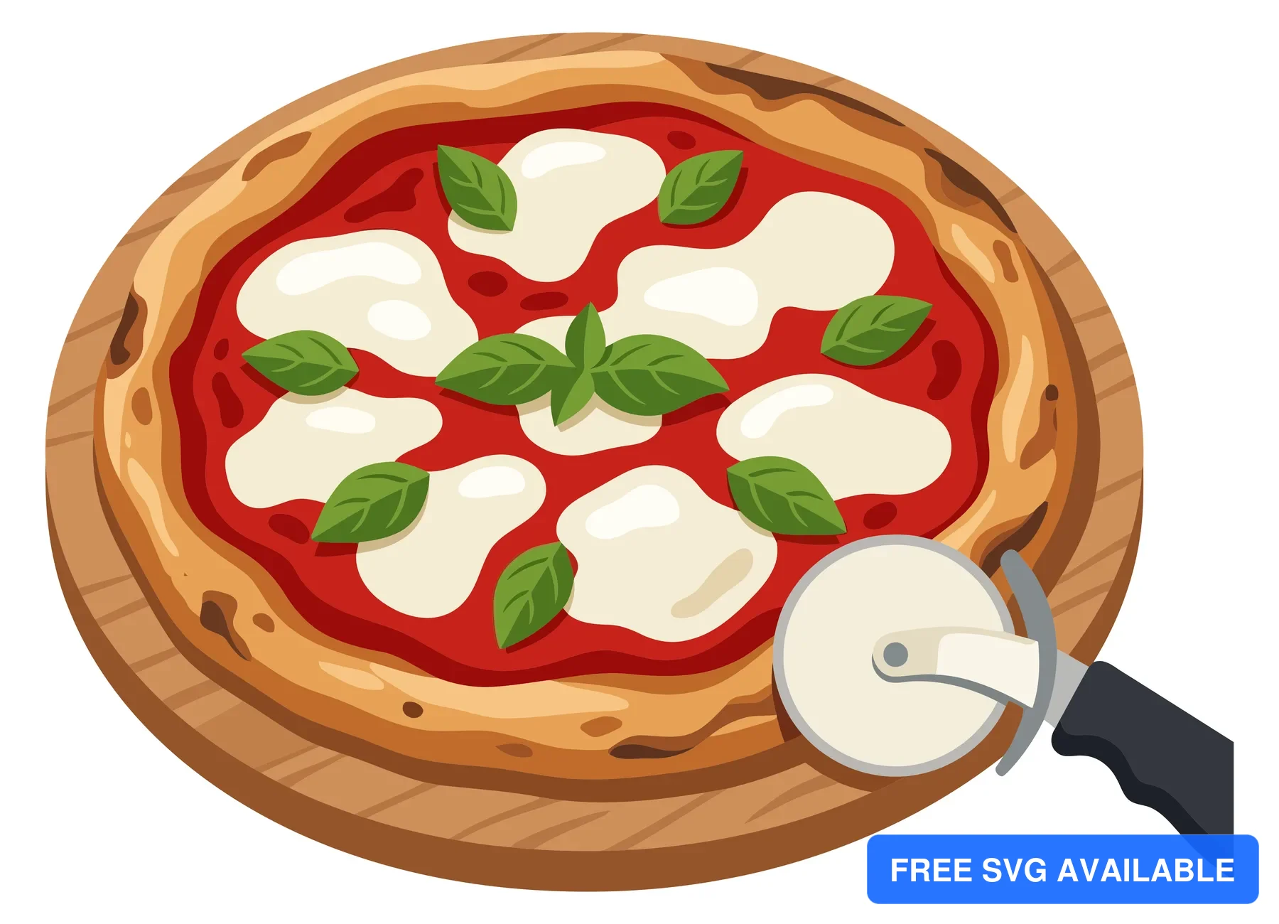 pizza margherita on wooden cutting board with pizza cutter isolated on white background