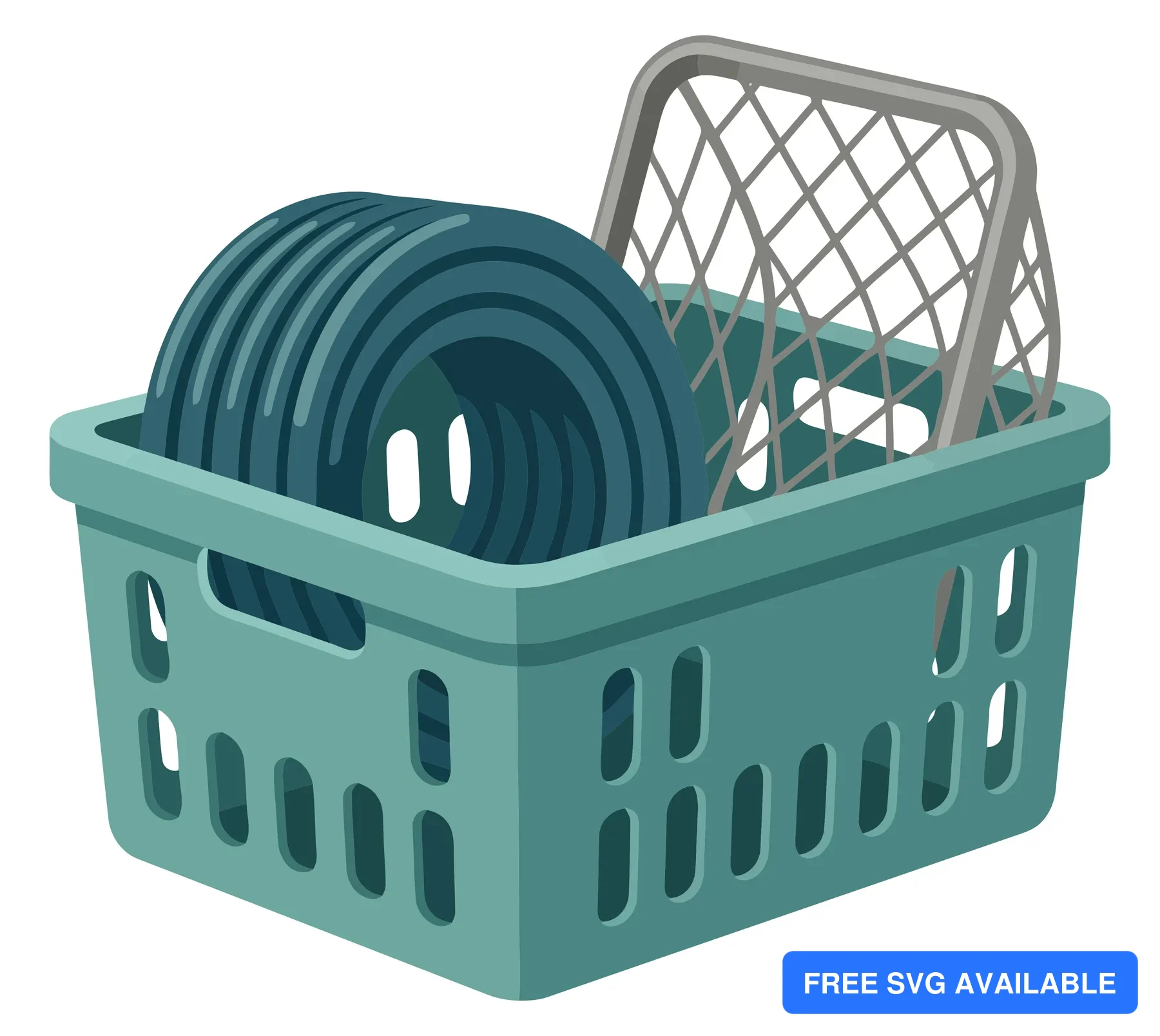 plastic storage basket containing a coiled garden hose and a metal mesh rack, utility container for organizing household or gardening tools,