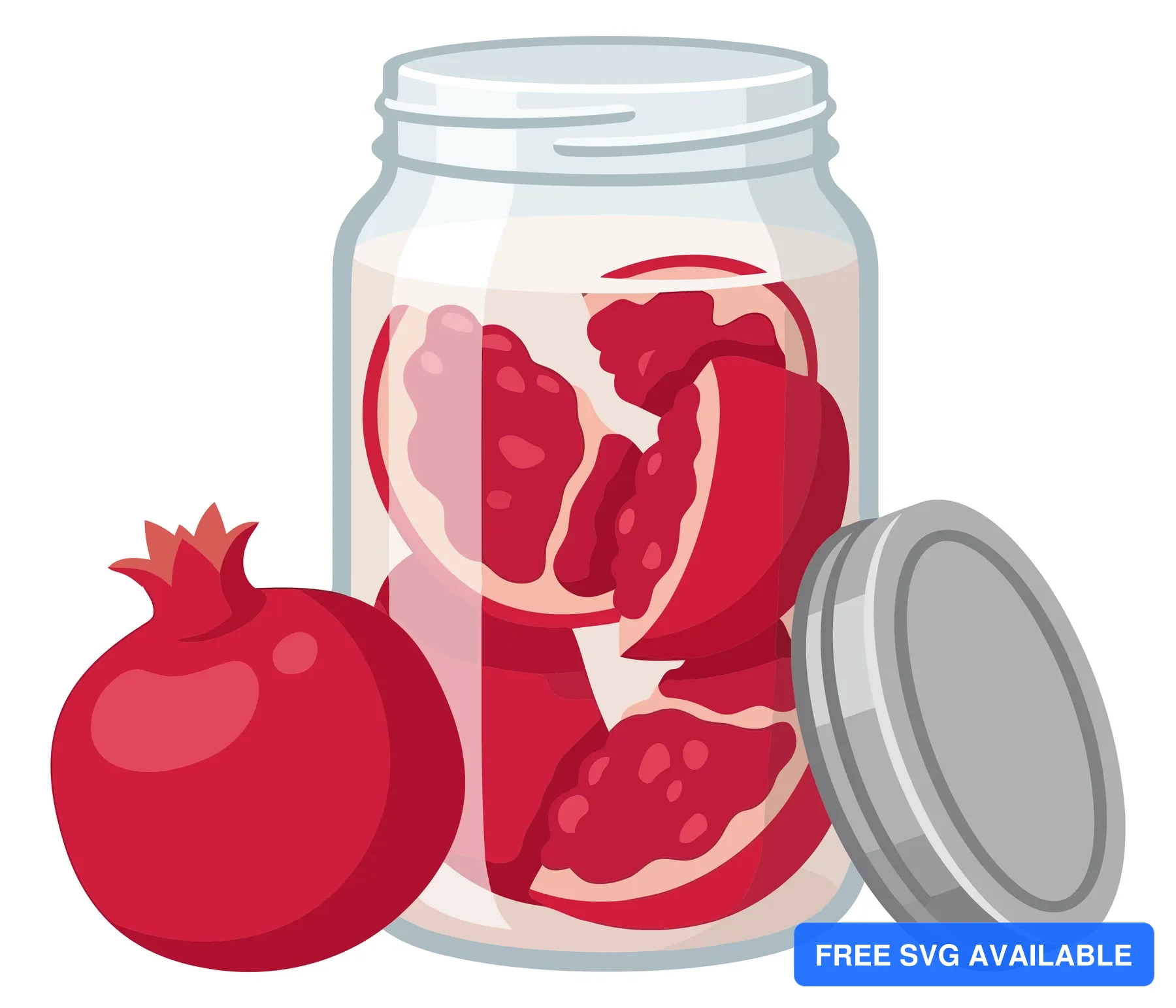pomegranate pieces in a glass jar and fresh fruit isolated on white background