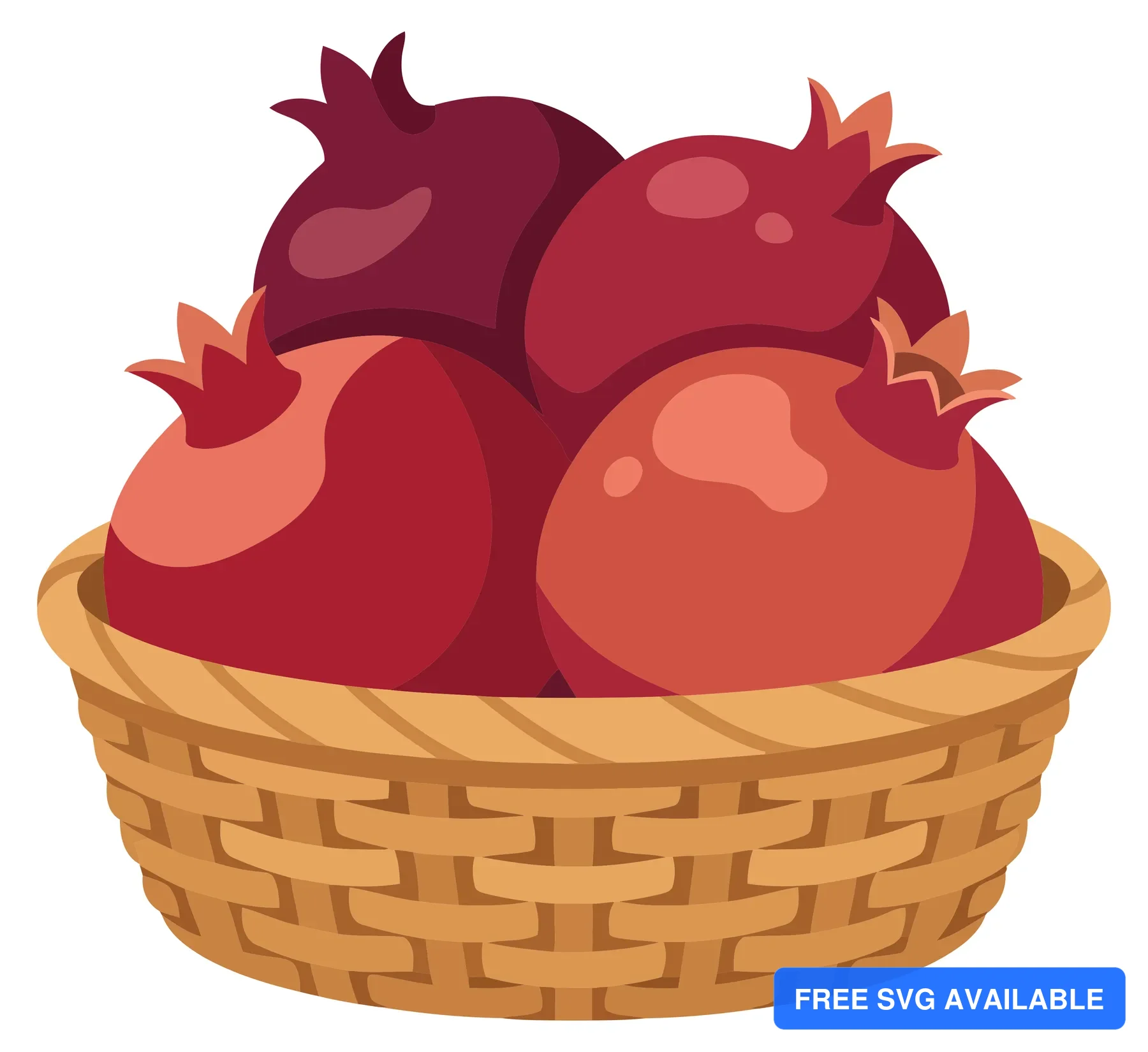 pomegranates in a woven basket isolated on white background