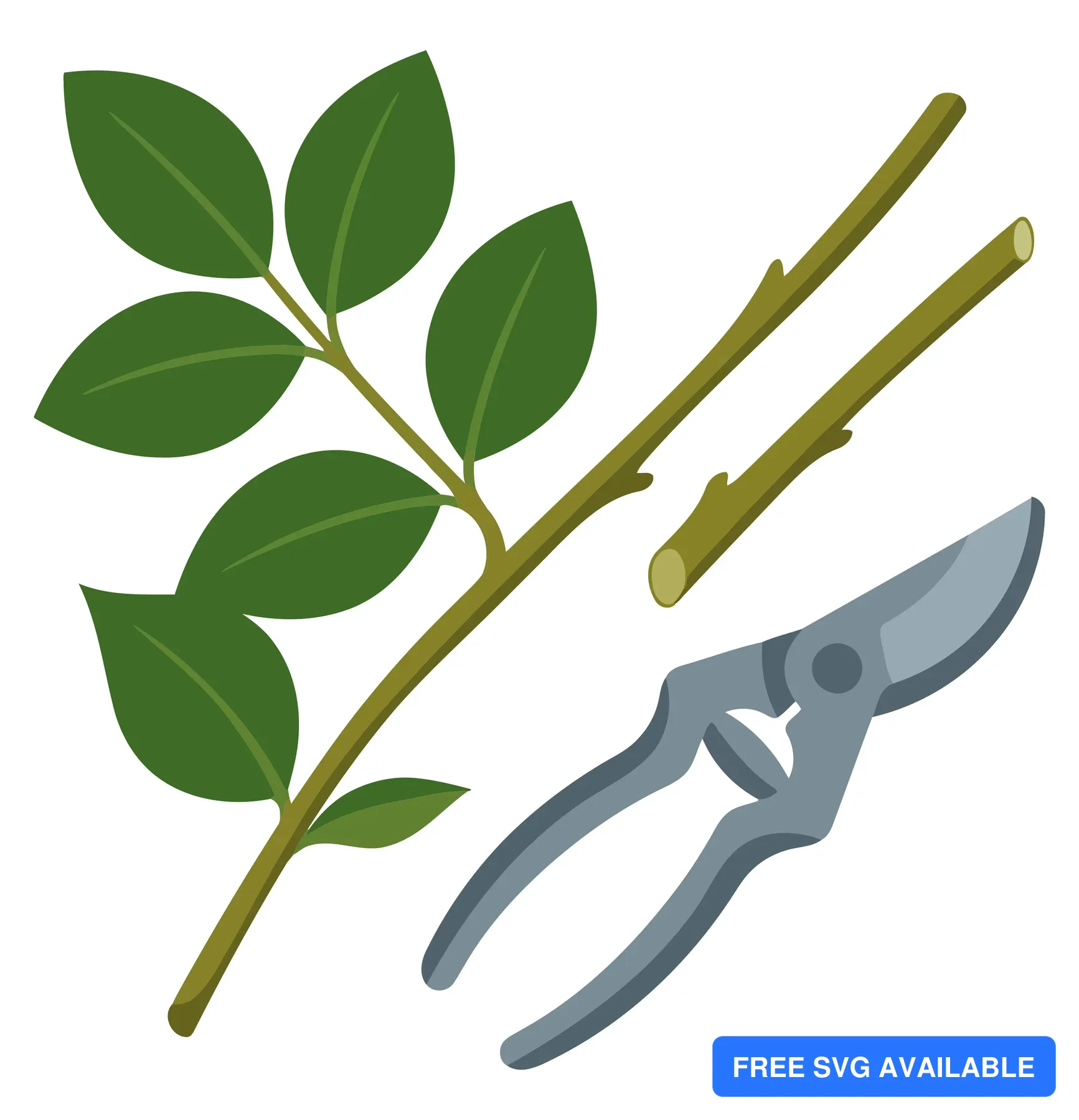 pruning shears cutting green plant stem with leaves