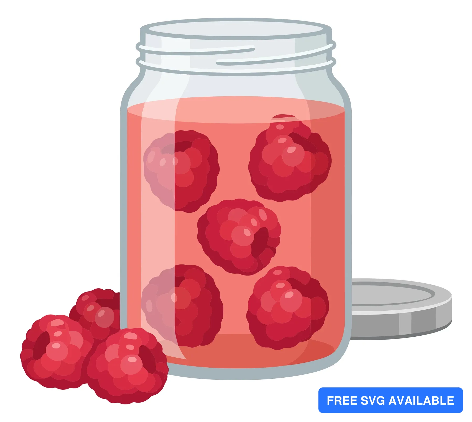 raspberries in a glass jar and fresh berries isolated on white background