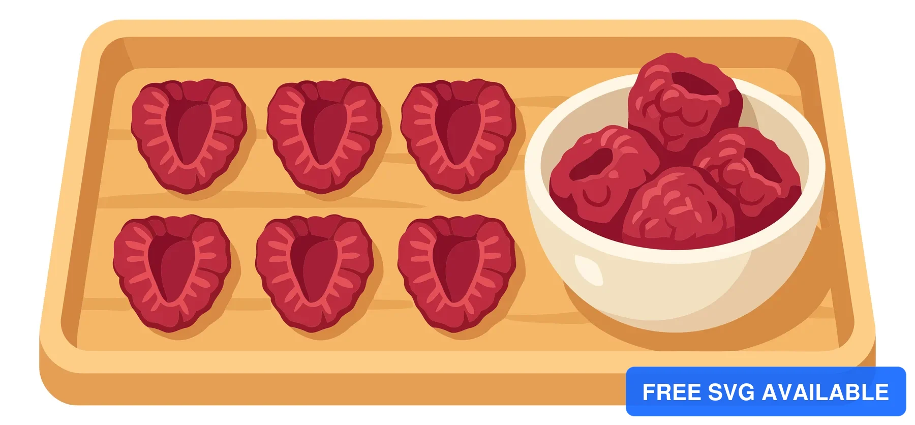 raspberries in wooden tray and ceramic bowl illustration vector