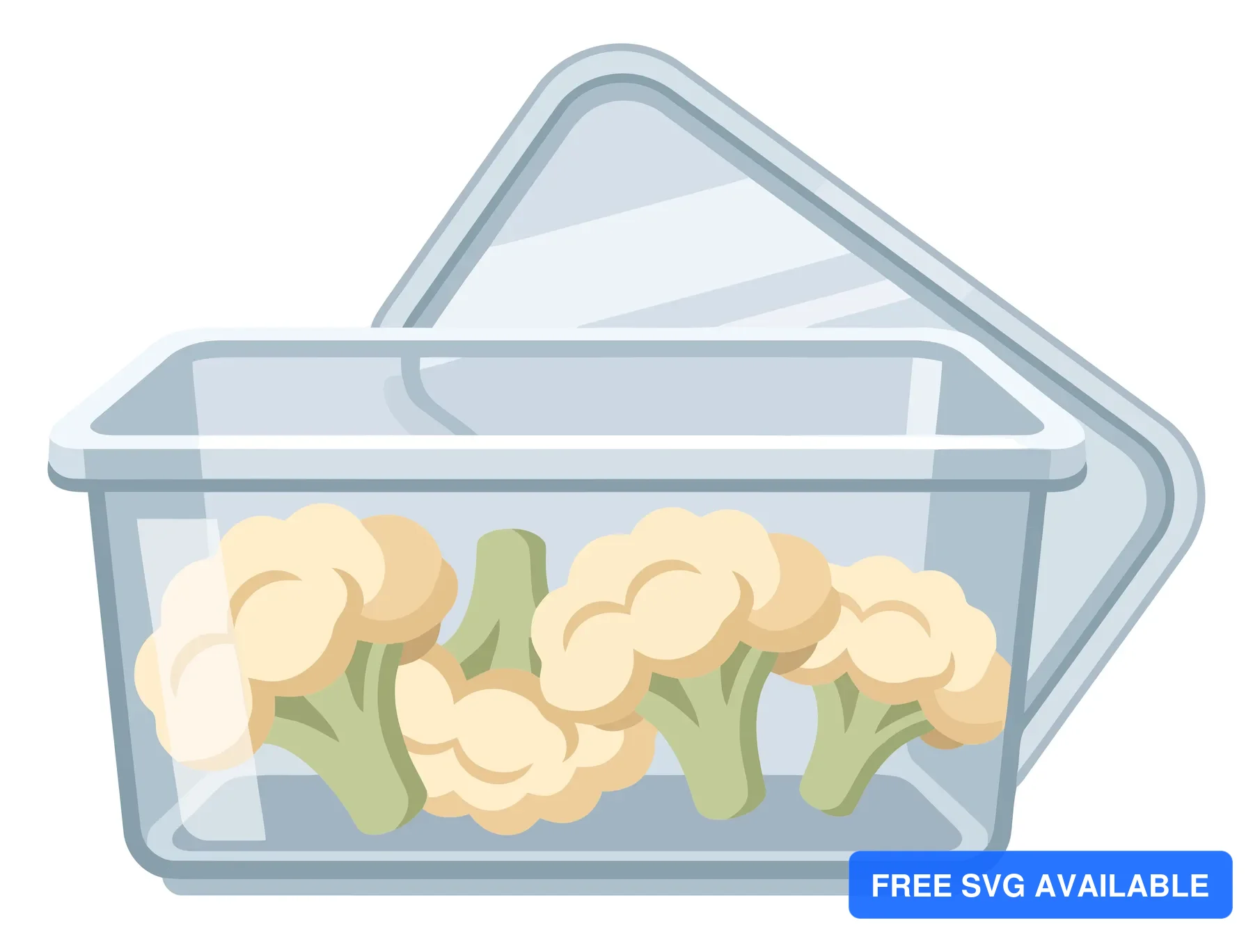 raw cauliflower florets stored in a clear plastic food container with the lid open isolated on white background
