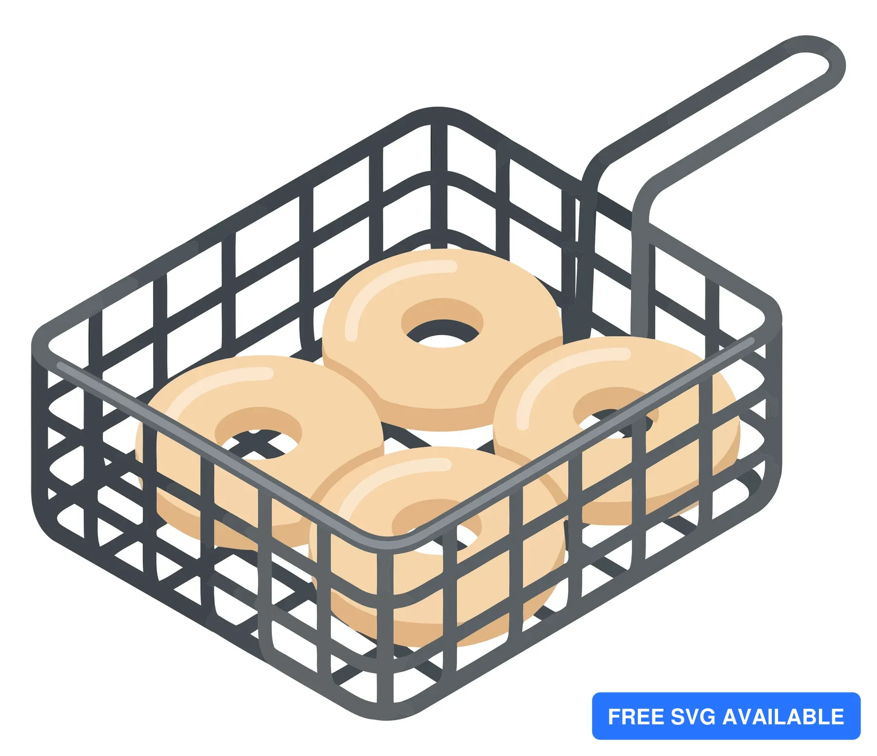 raw donuts in a deep fryer wire basket ready for frying, isolated on white background