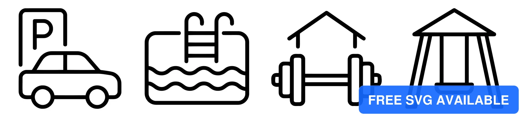 residential building amenities icons including parking, swimming pool, gym, and playground