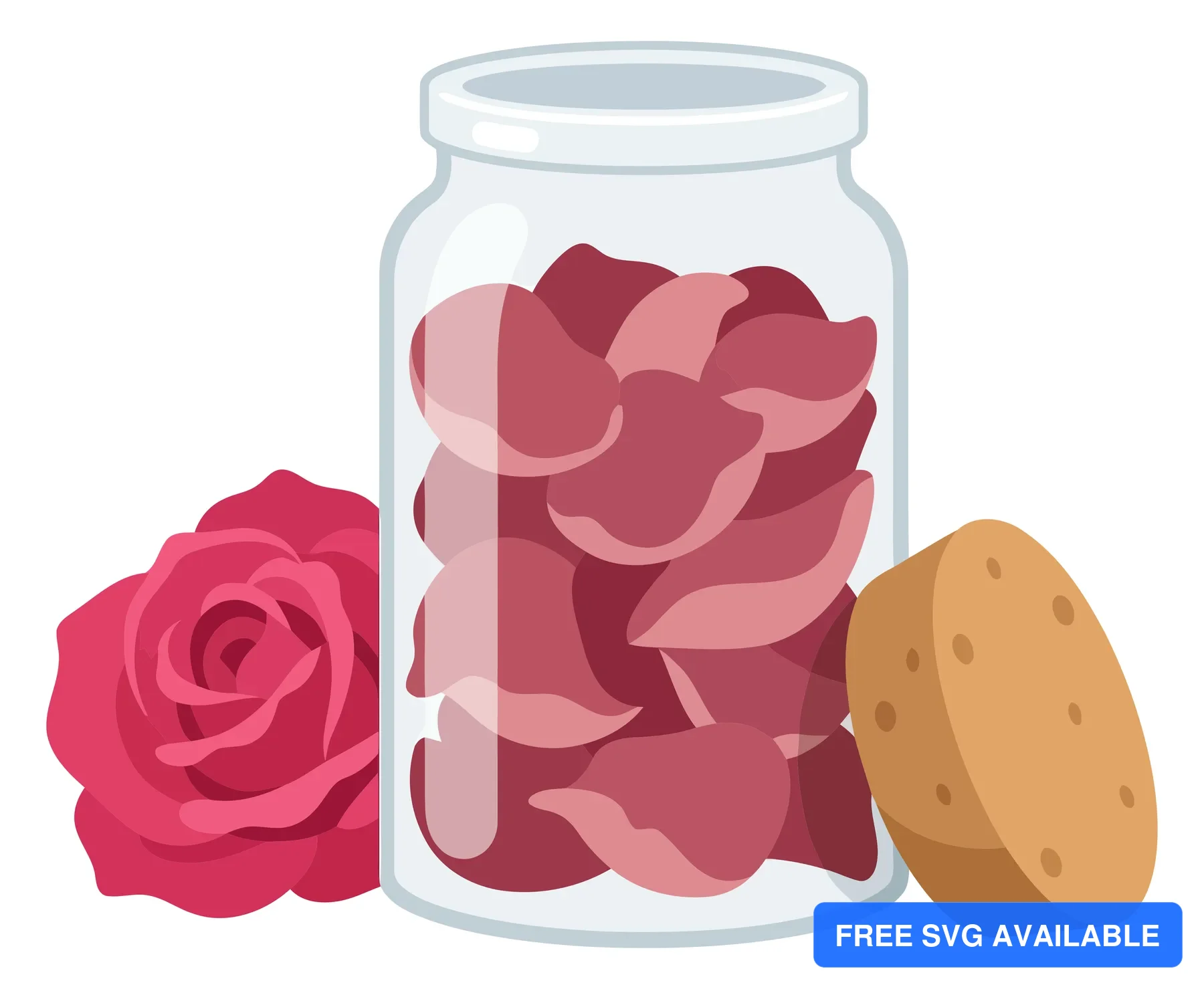 rose petal jam in glass jar with rose flower and cork isolated on white background