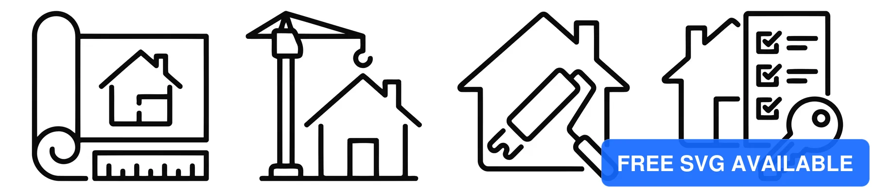 set of construction and real estate line icons including blueprint, crane, renovation, and property handover