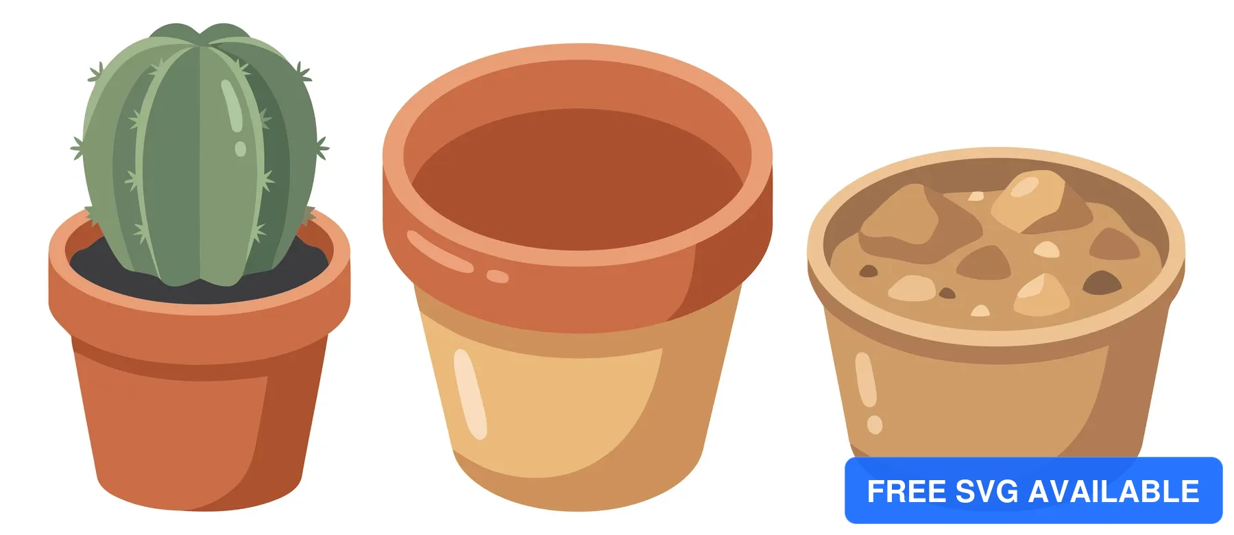 set of cute vector illustrations of a potted round cactus, an empty terracotta pot, and a pot with soil