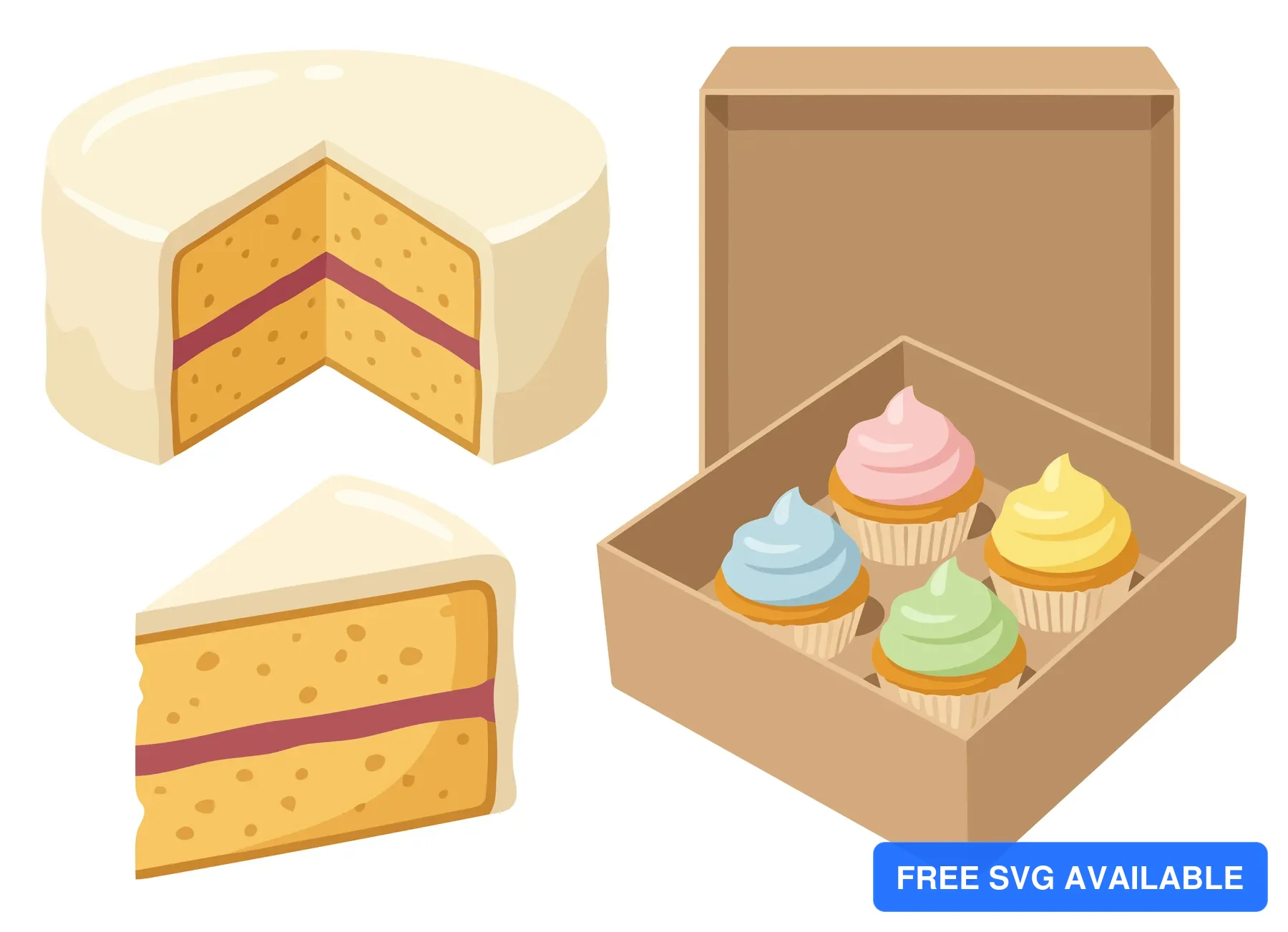 set of delicious desserts including a whole cake with a slice removed, a single slice of cake, and a box of four colorful cupcakes with fros