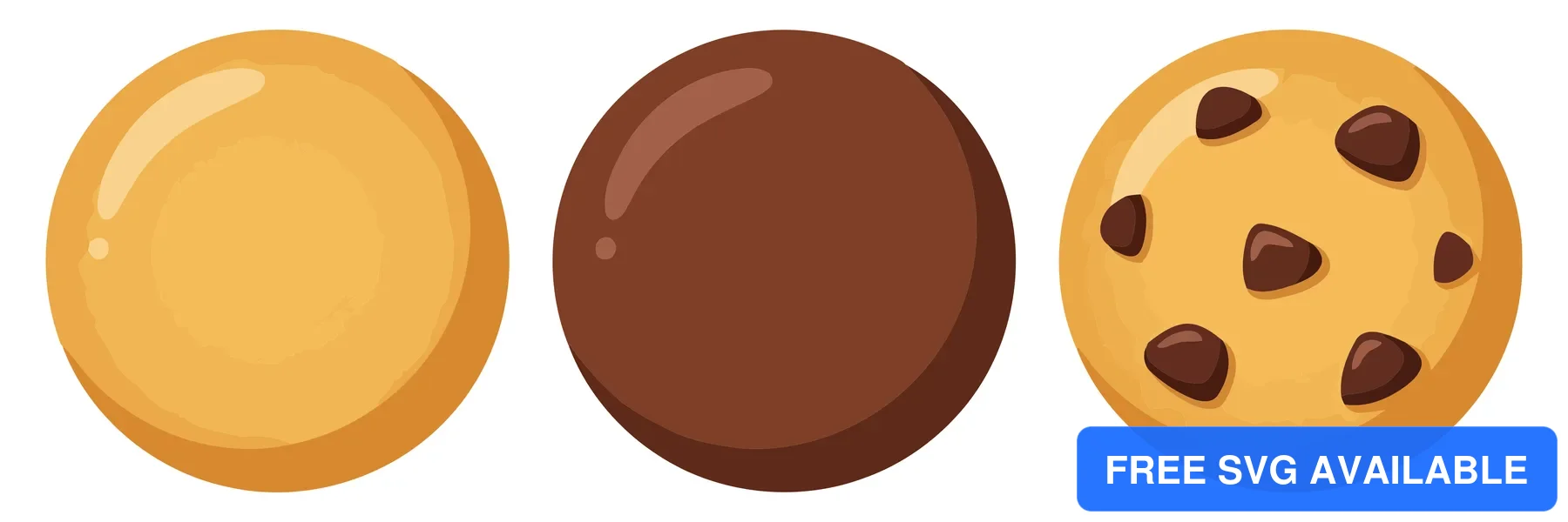 set of freshly baked round cookies, including plain, chocolate, and chocolate chip variants