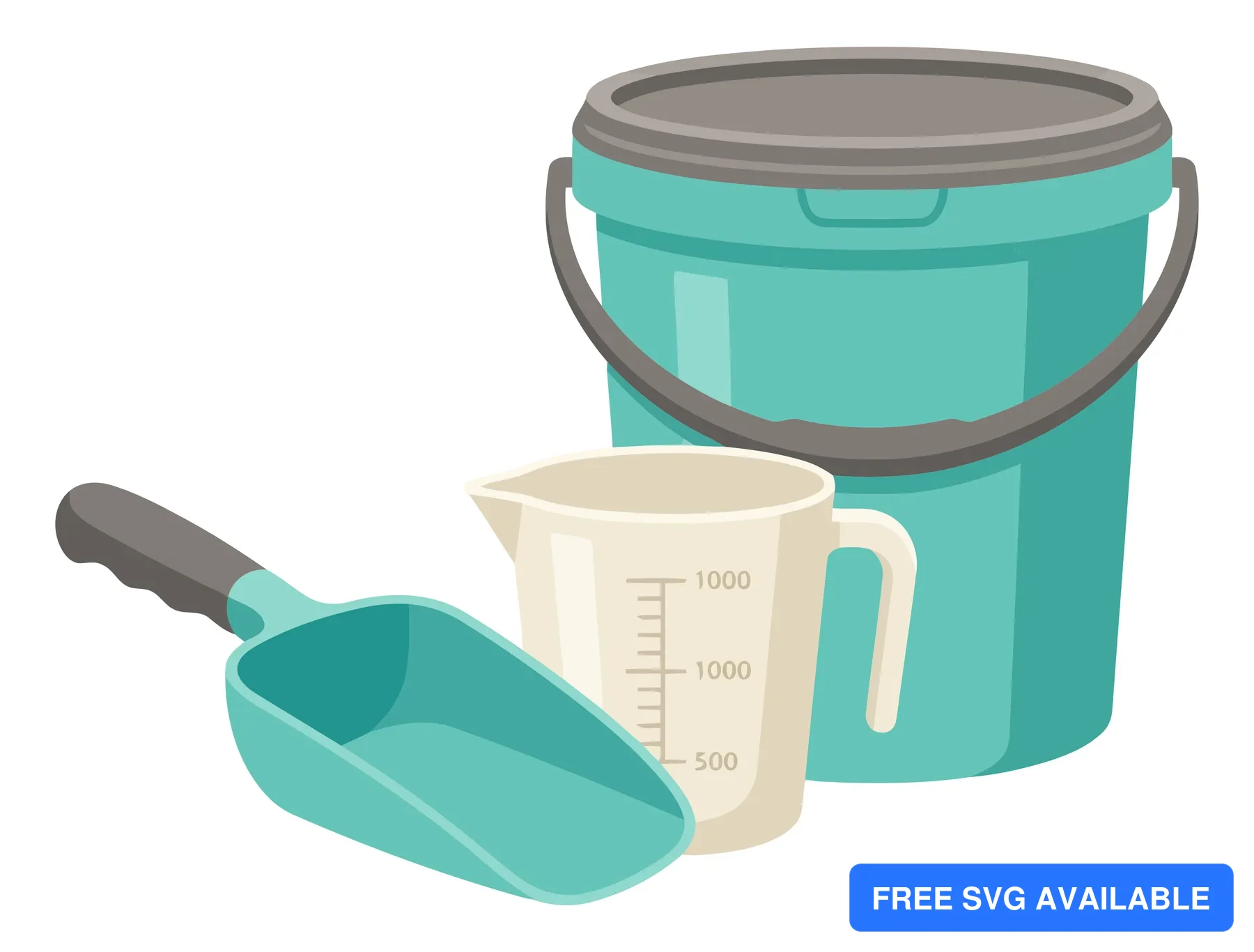set of gardening tools including a teal plastic bucket, a measuring cup, and a scoop isolated on white background