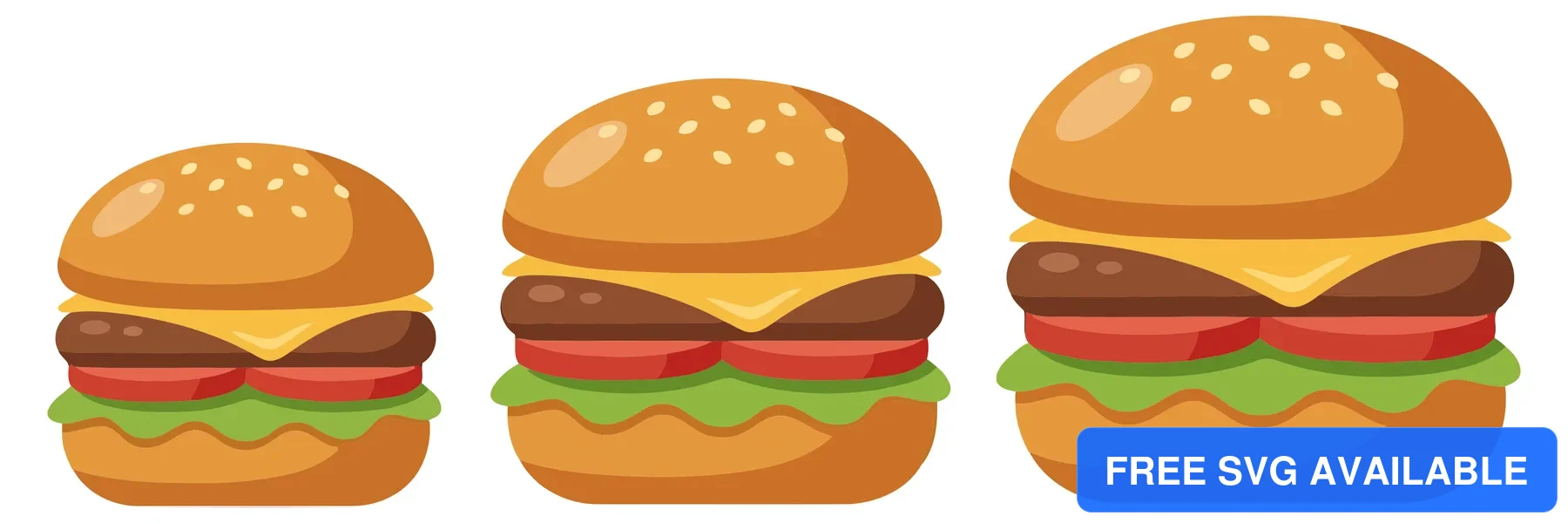 set of three delicious cheeseburgers of different sizes isolated on white background
