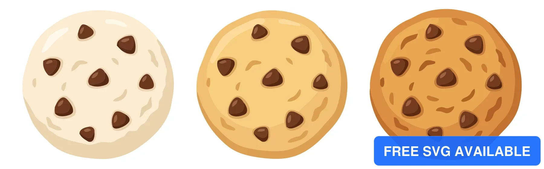 set of three delicious chocolate chip cookies in different shades of brown vector illustration