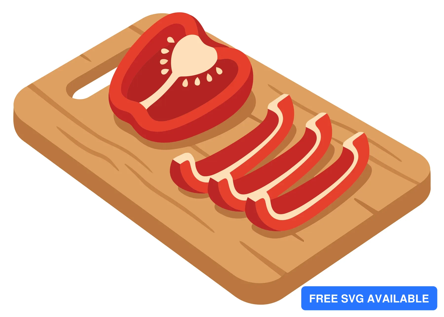 sliced red bell pepper on a wooden cutting board, isolated on white background