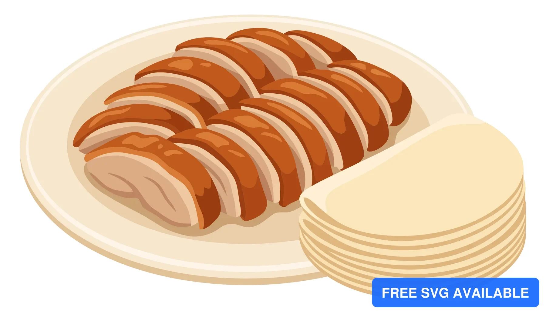sliced roasted duck with thin pancakes isolated on white background