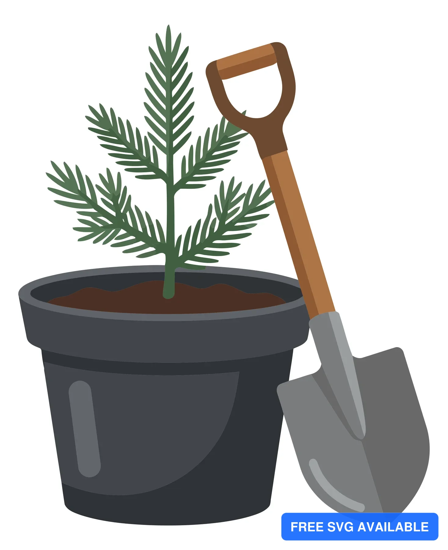 small evergreen tree sapling planted in a black plastic pot with a garden shovel leaning against it, gardening and plant care concept illust
