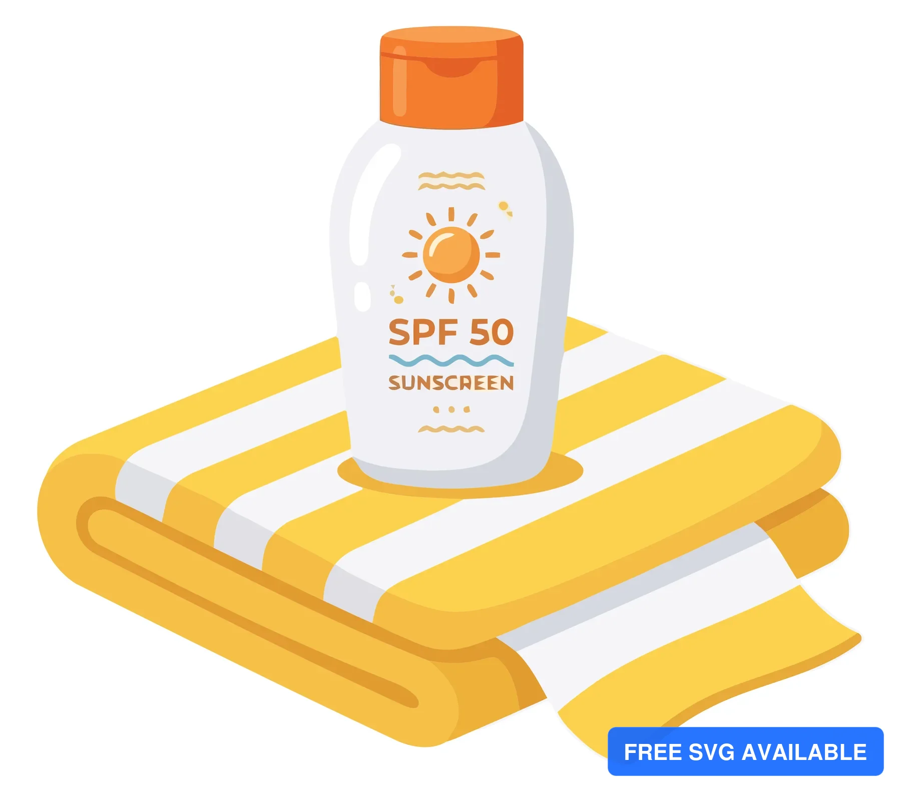 sunscreen bottle with spf 50 label placed on a folded yellow and white striped beach towel, summer vacation essentials illustration