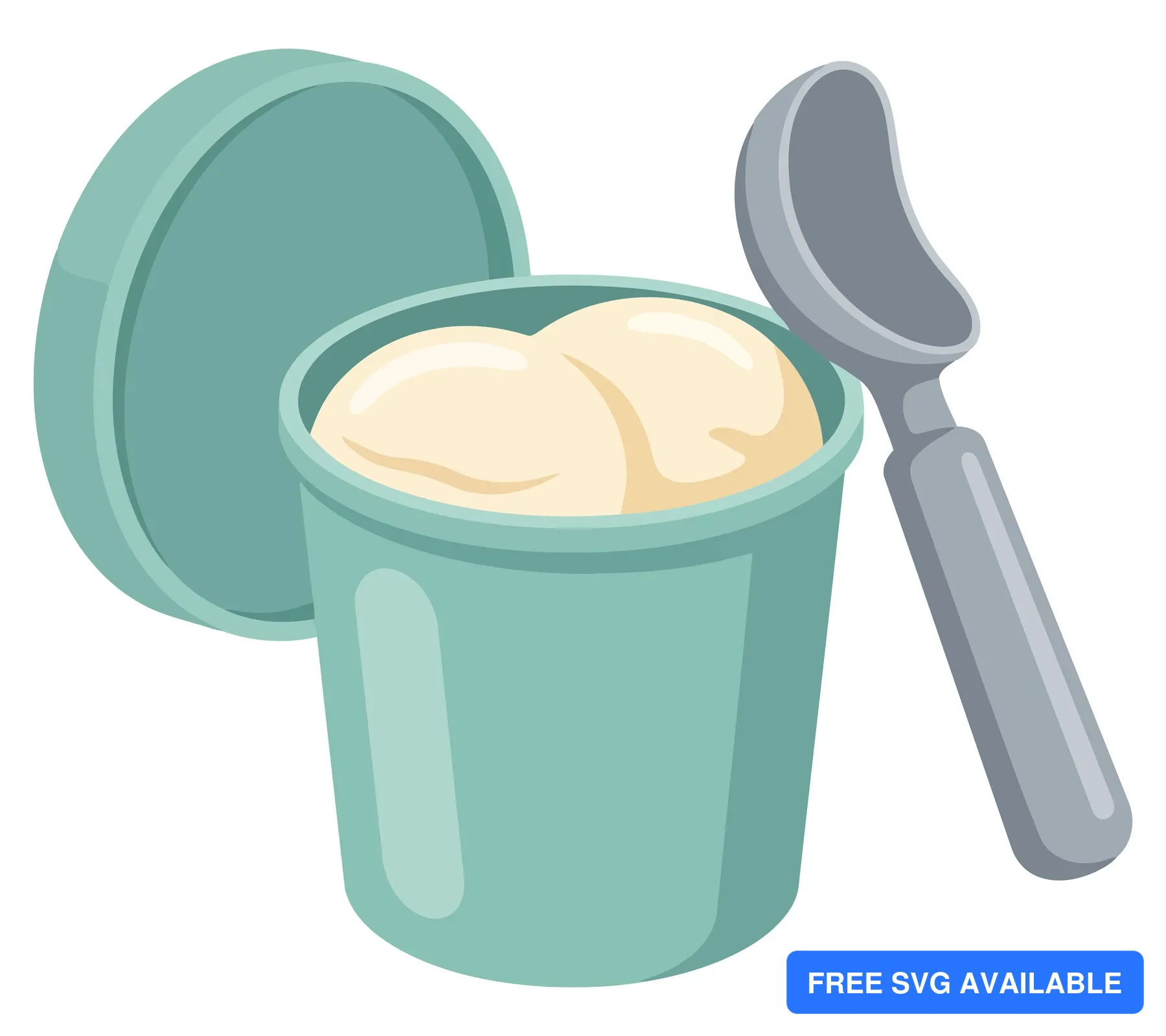 teal ice cream container with lid and scoop isolated on white background