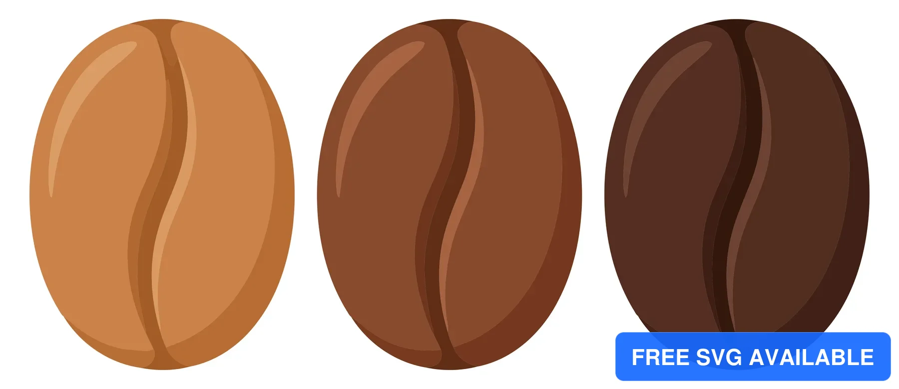 three different roasted coffee beans in brown shades isolated on white background
