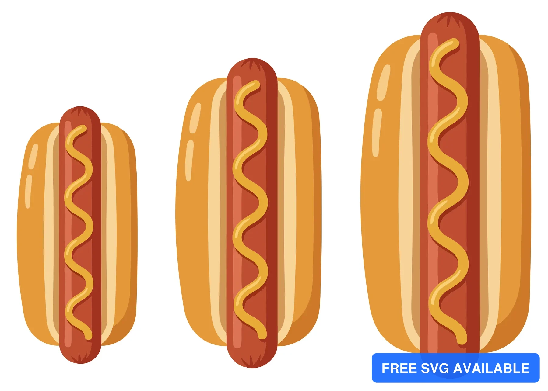 three hot dogs of different sizes isolated on white background