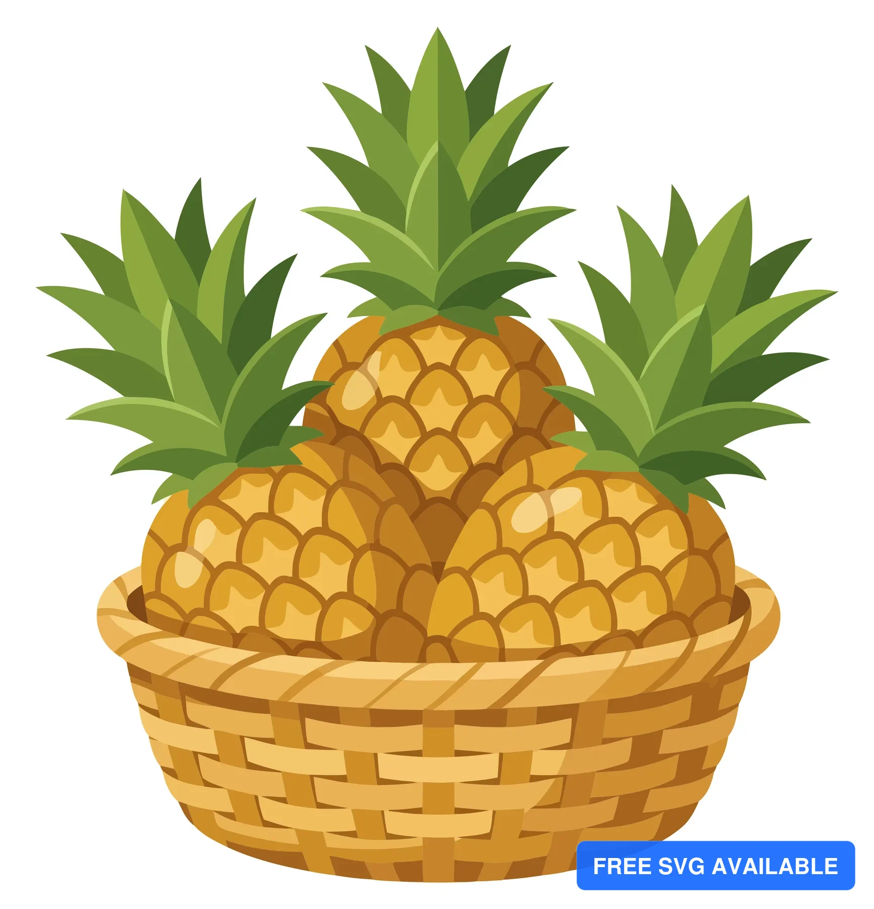 three pineapples in a woven basket isolated on white background