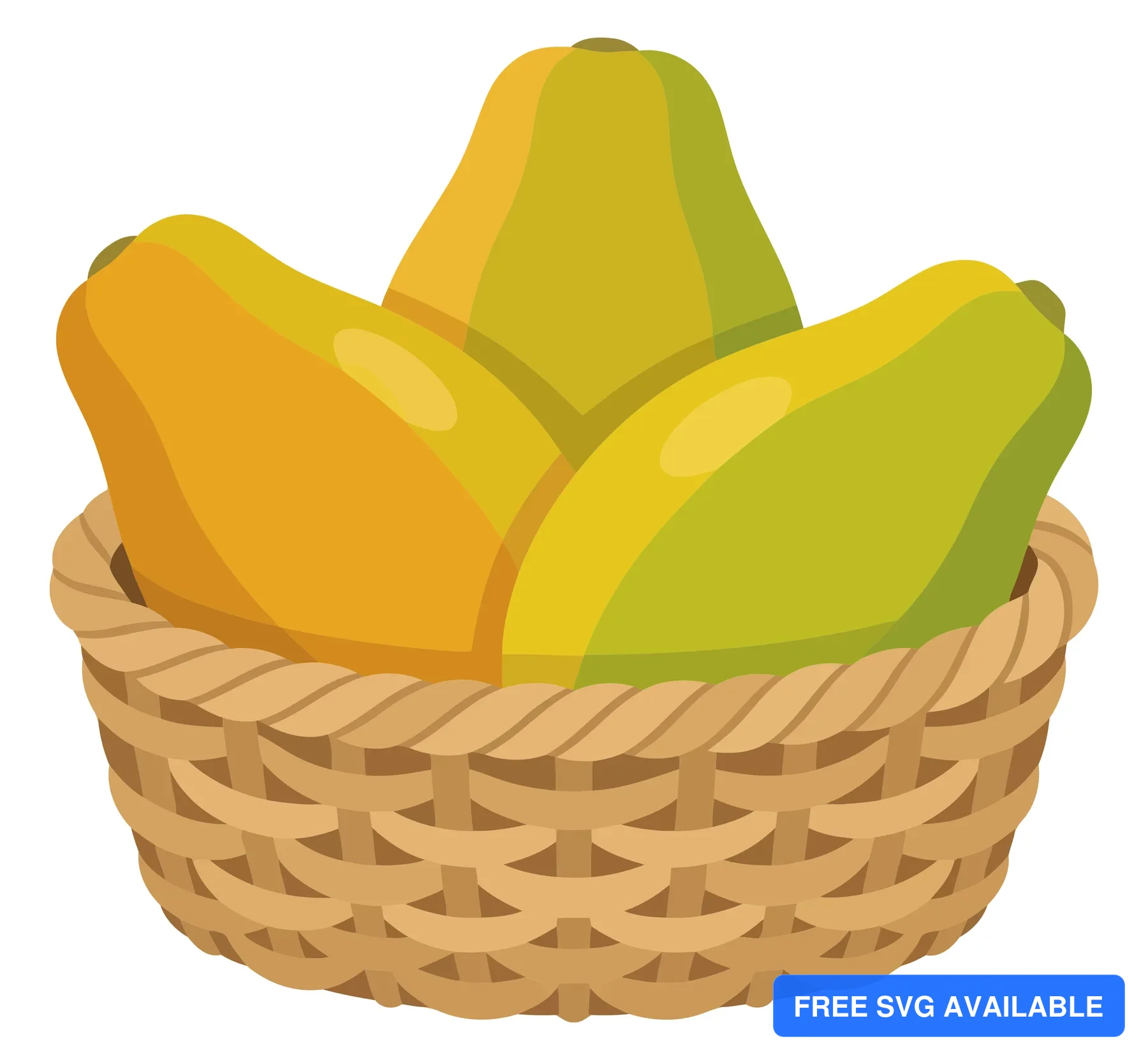 three ripe papayas in a woven wicker basket isolated on white background