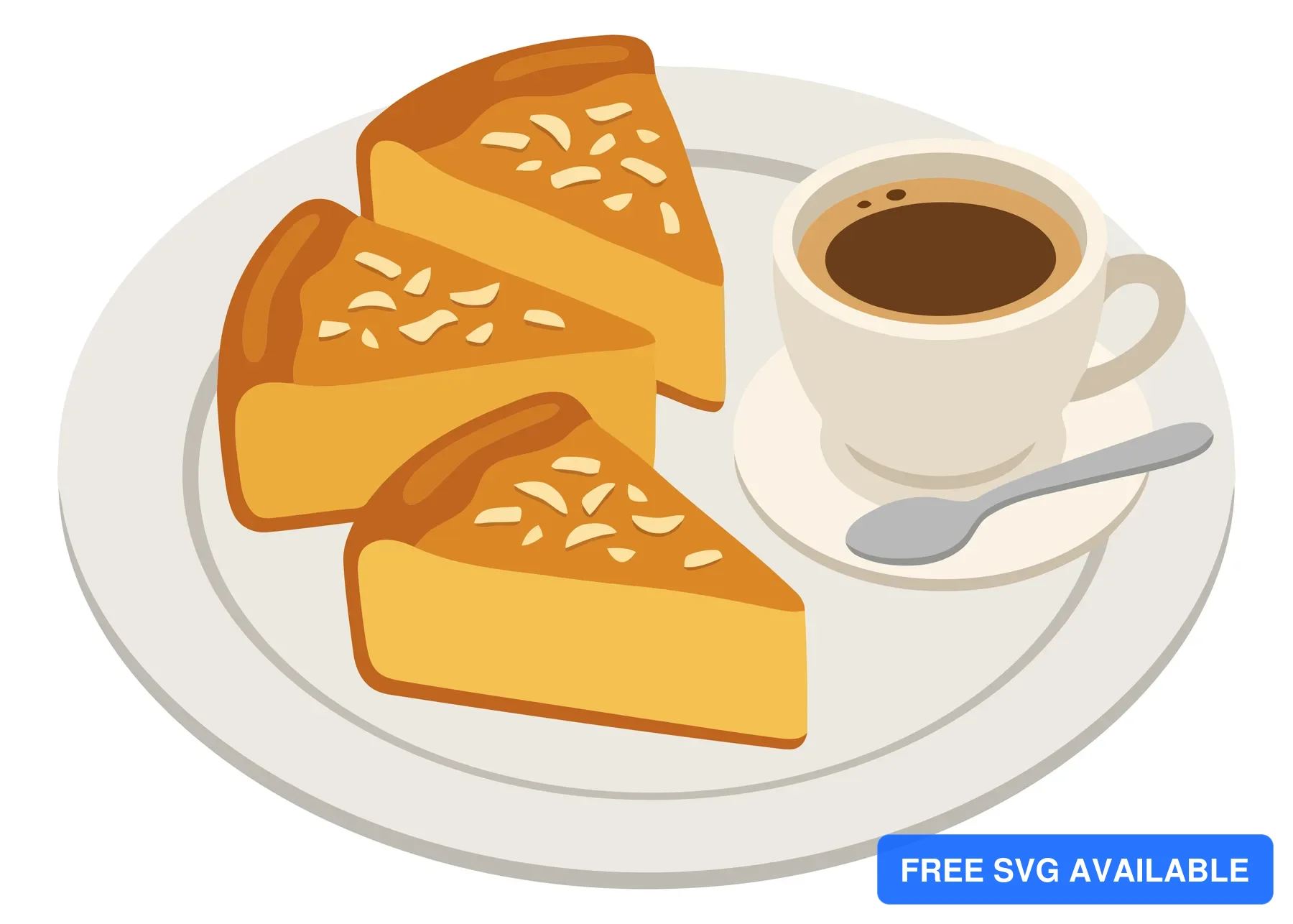 three slices of almond cake served on a plate with a cup of coffee and a spoon