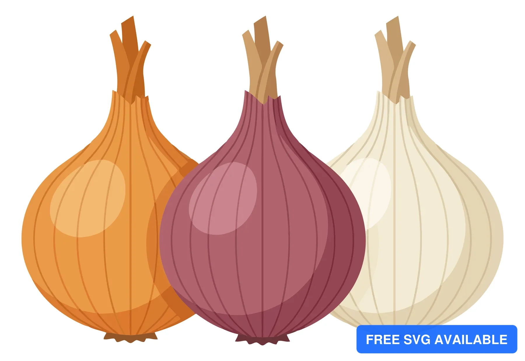 three whole onions in different colors yellow, red, and white