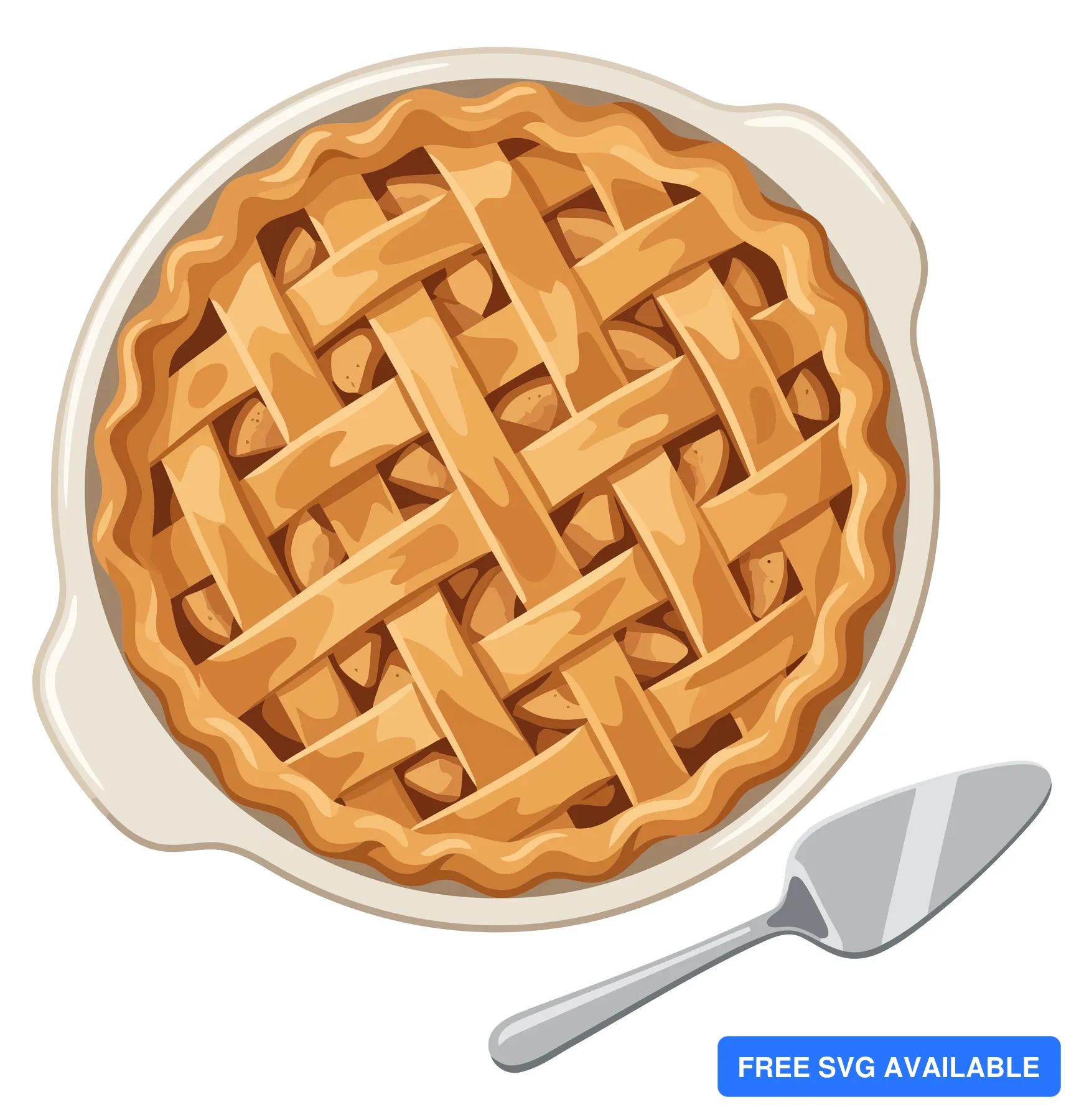 top view of a delicious homemade apple pie with a lattice crust in a ceramic baking dish next to a metal cake server isolated on white backg