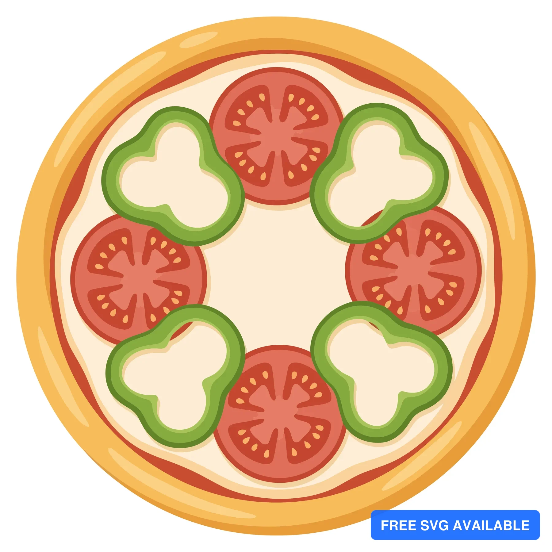 top view of a delicious pizza with tomato slices and green bell pepper rings arranged in a circular pattern on a light crust