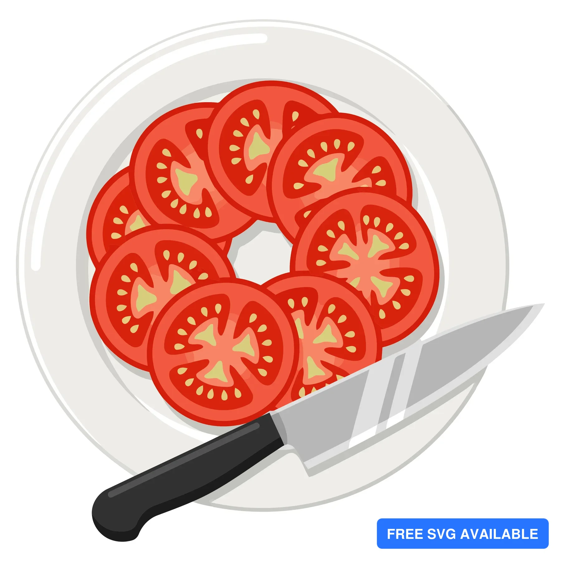 top view of fresh sliced red tomatoes arranged in a circle on a white plate with a kitchen knife isolated on white background