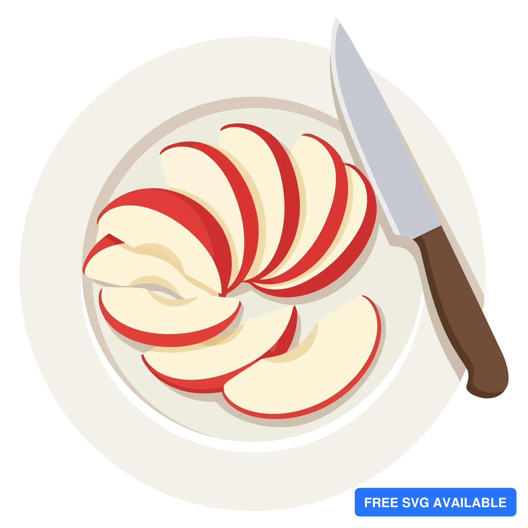 top view of sliced red apple on a white plate with a kitchen knife