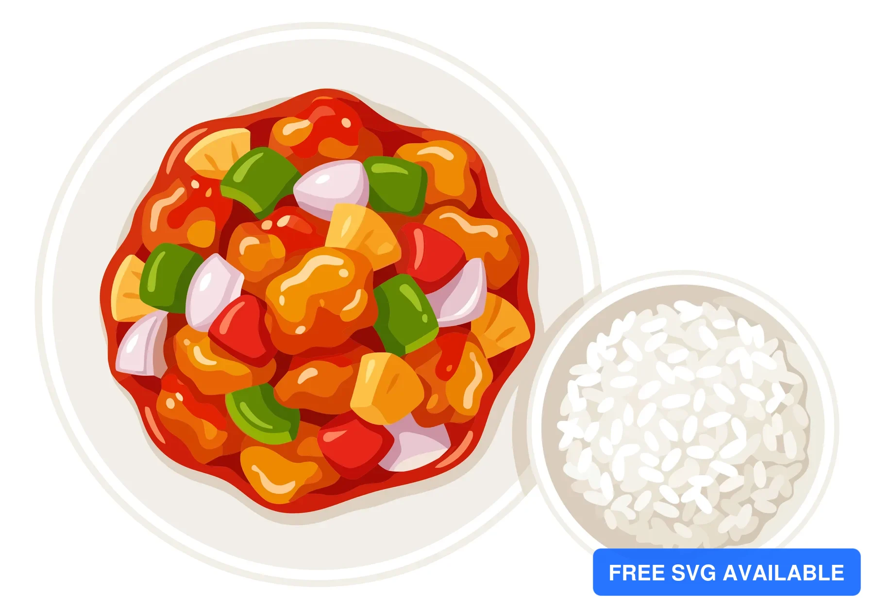 top view of sweet and sour pork with pineapple, bell peppers, and onions served with a bowl of steamed white rice isolated on white backgrou