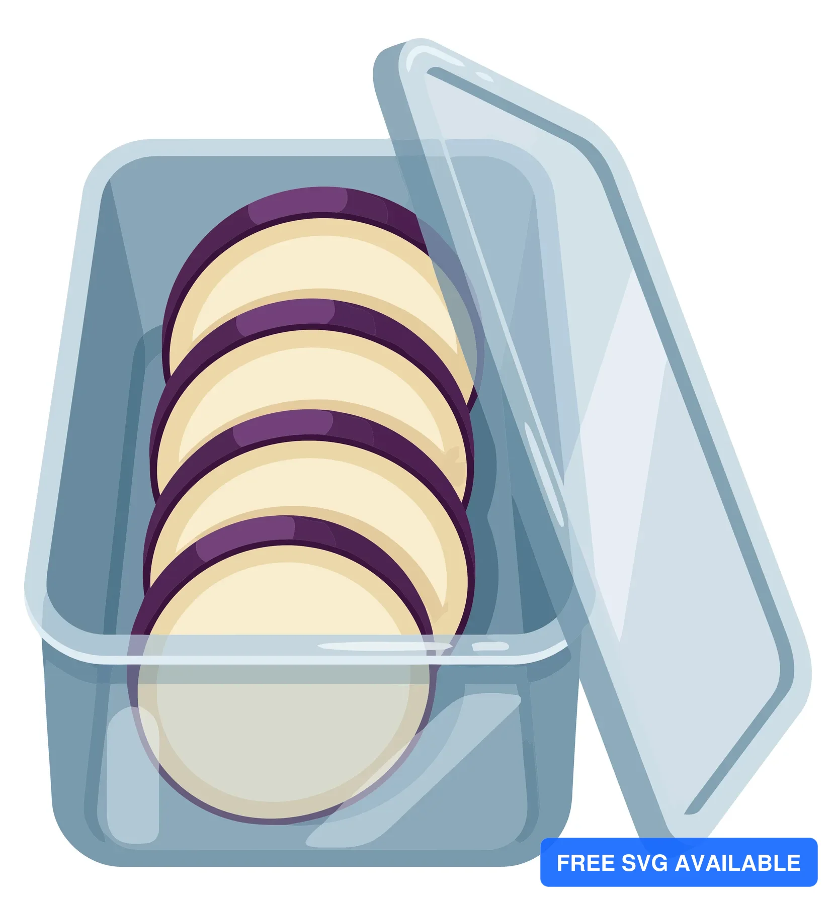 transparent plastic container with sliced eggplant rounds inside with open lid isolated on white background
