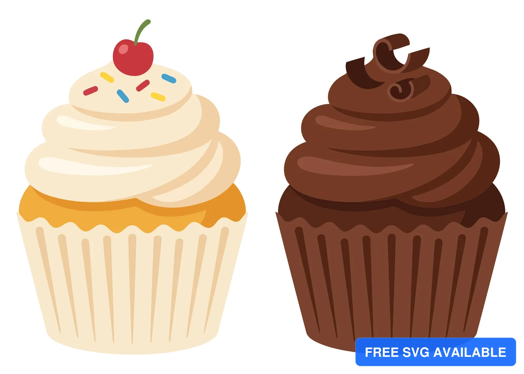 two delicious cupcakes, one vanilla with a cherry and sprinkles and one rich chocolate cupcake with chocolate curls, sweet dessert treats fo