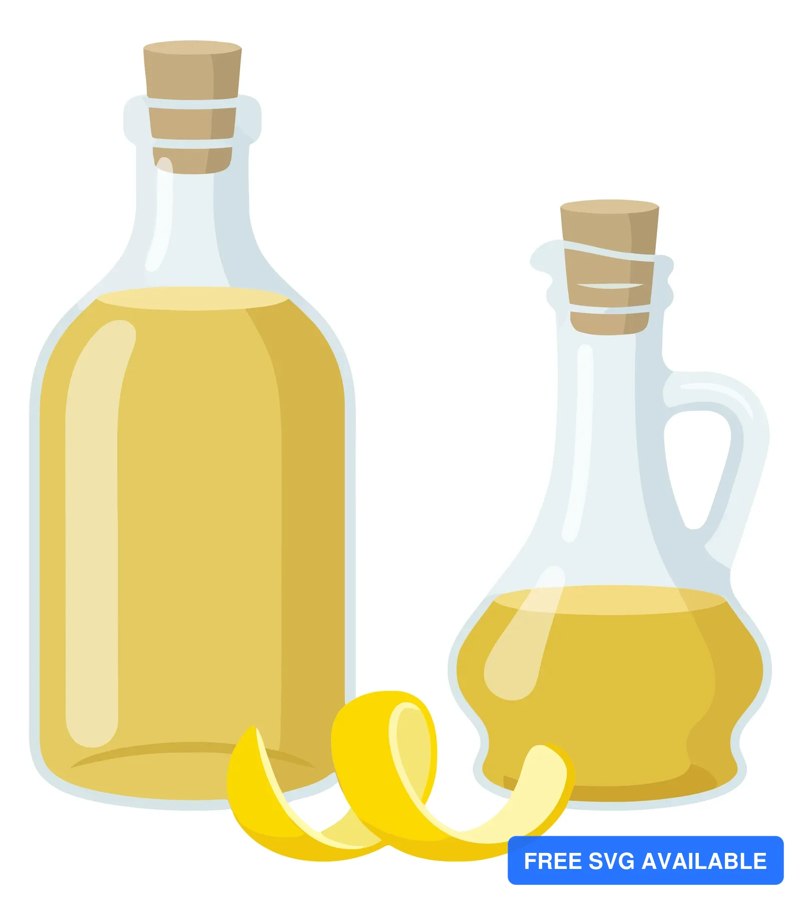 two glass bottles with lemon oil or juice and a lemon peel