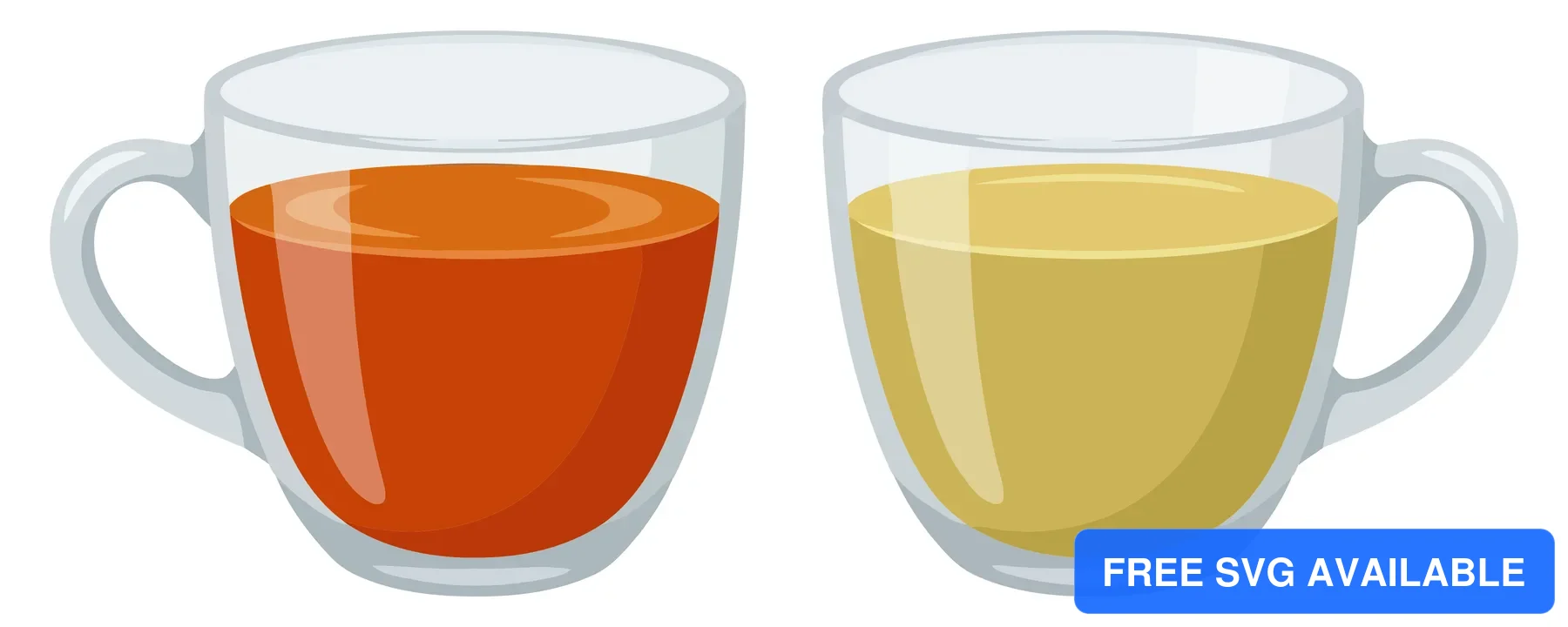two glass cups filled with different types of tea, one with dark black tea and one with light green tea, isolated on white background