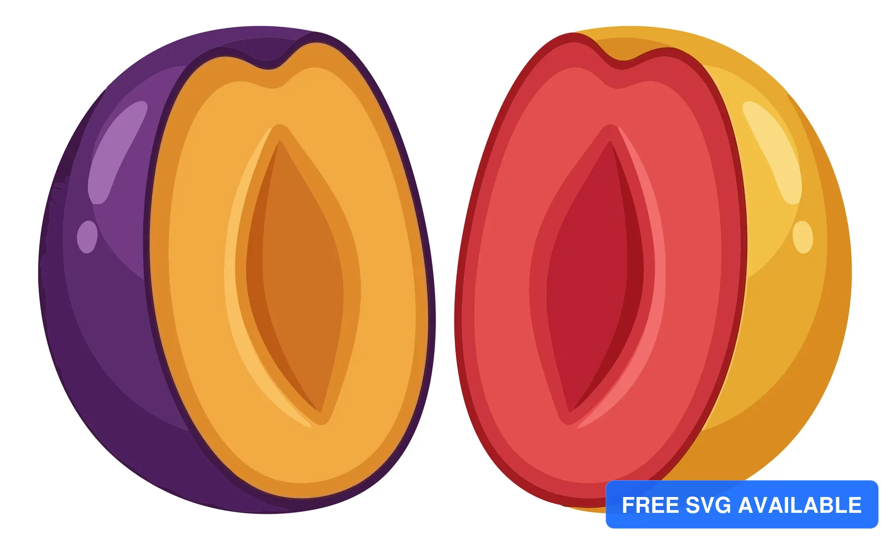 two halved plums showing pits, one purple and one yellow