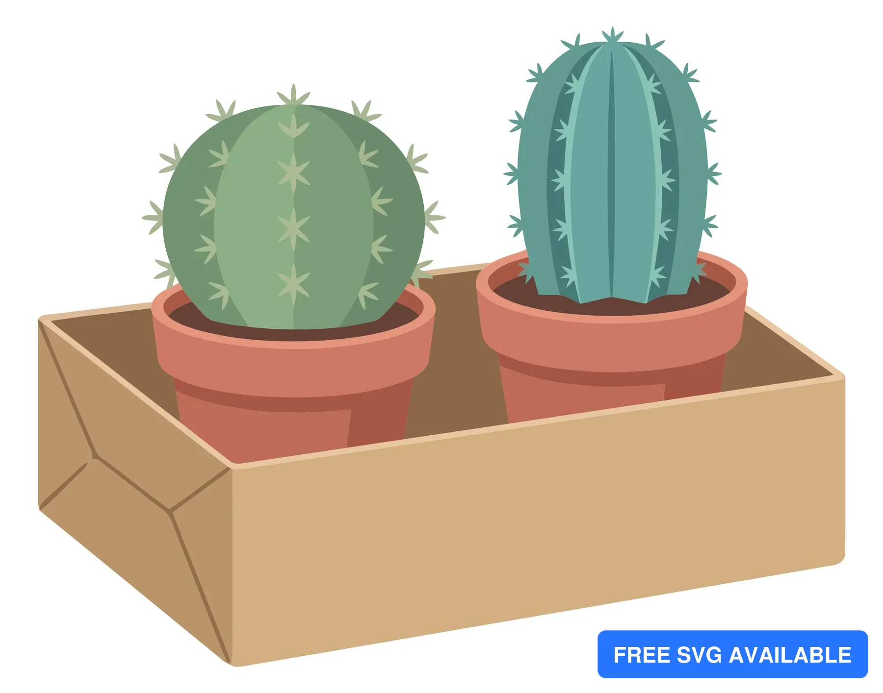 two potted cacti in a cardboard box, illustration