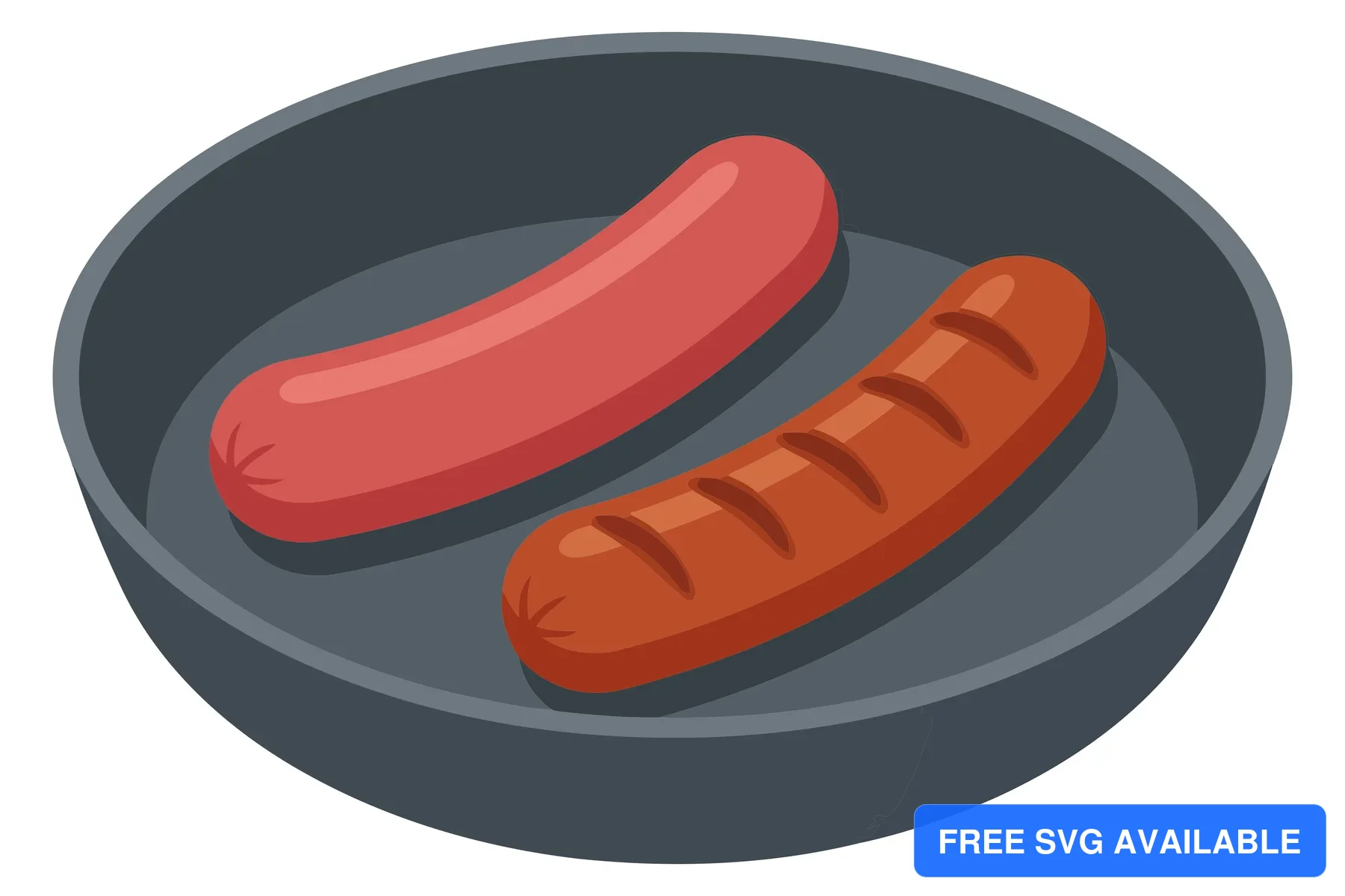 two sausages in a frying pan, one raw and one grilled with char marks, vector illustration of cooking meat food items isolated on white back
