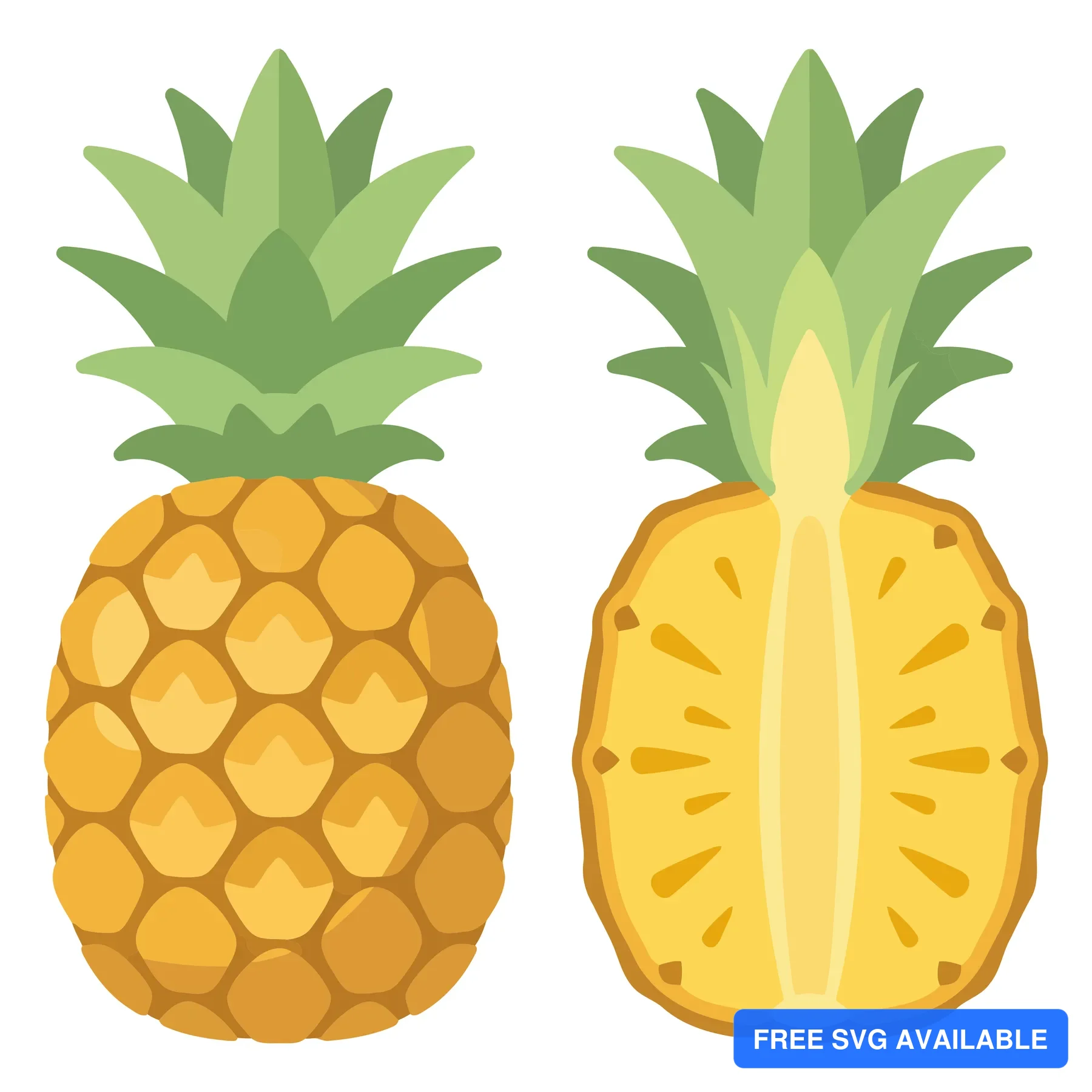 two whole and sliced pineapples isolated on white background