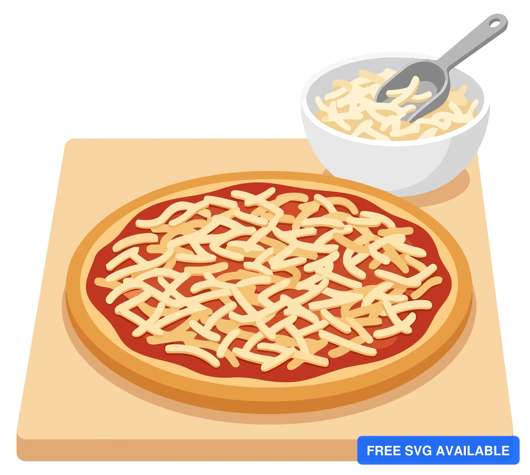 unbaked pizza with tomato sauce and shredded cheese on a wooden board with a bowl of extra cheese and a scoop