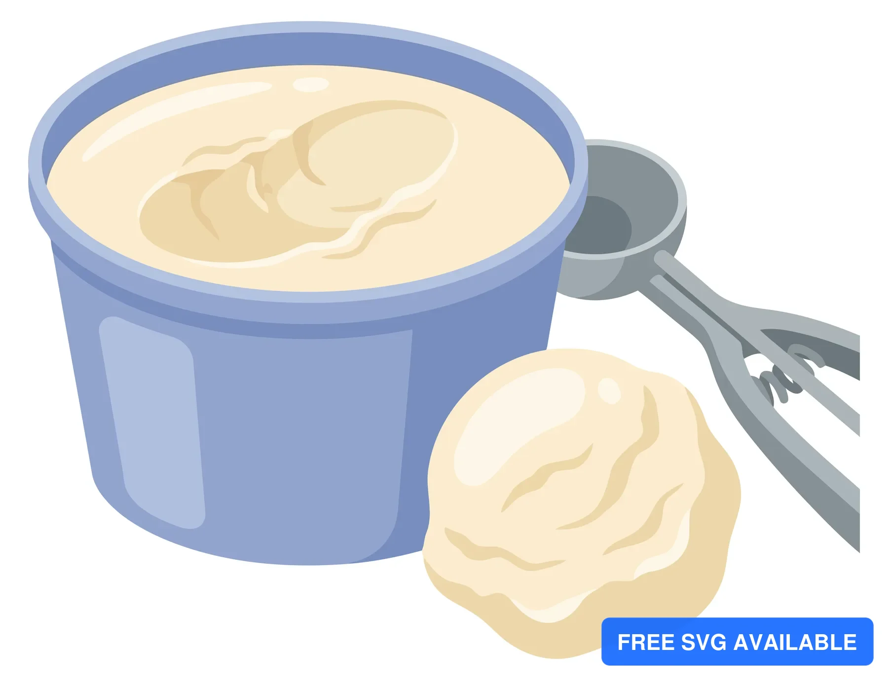 vanilla ice cream in a blue tub with a scoop isolated on white background