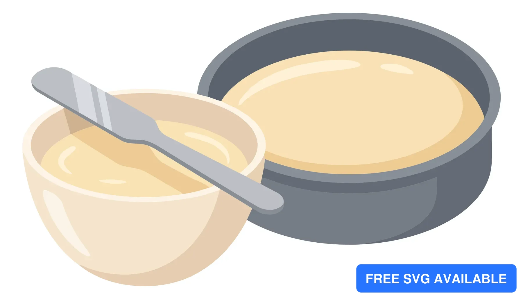 vector illustration of a bowl with batter and a spreading knife next to a round cake pan filled with cake batter, isolated on white backgrou