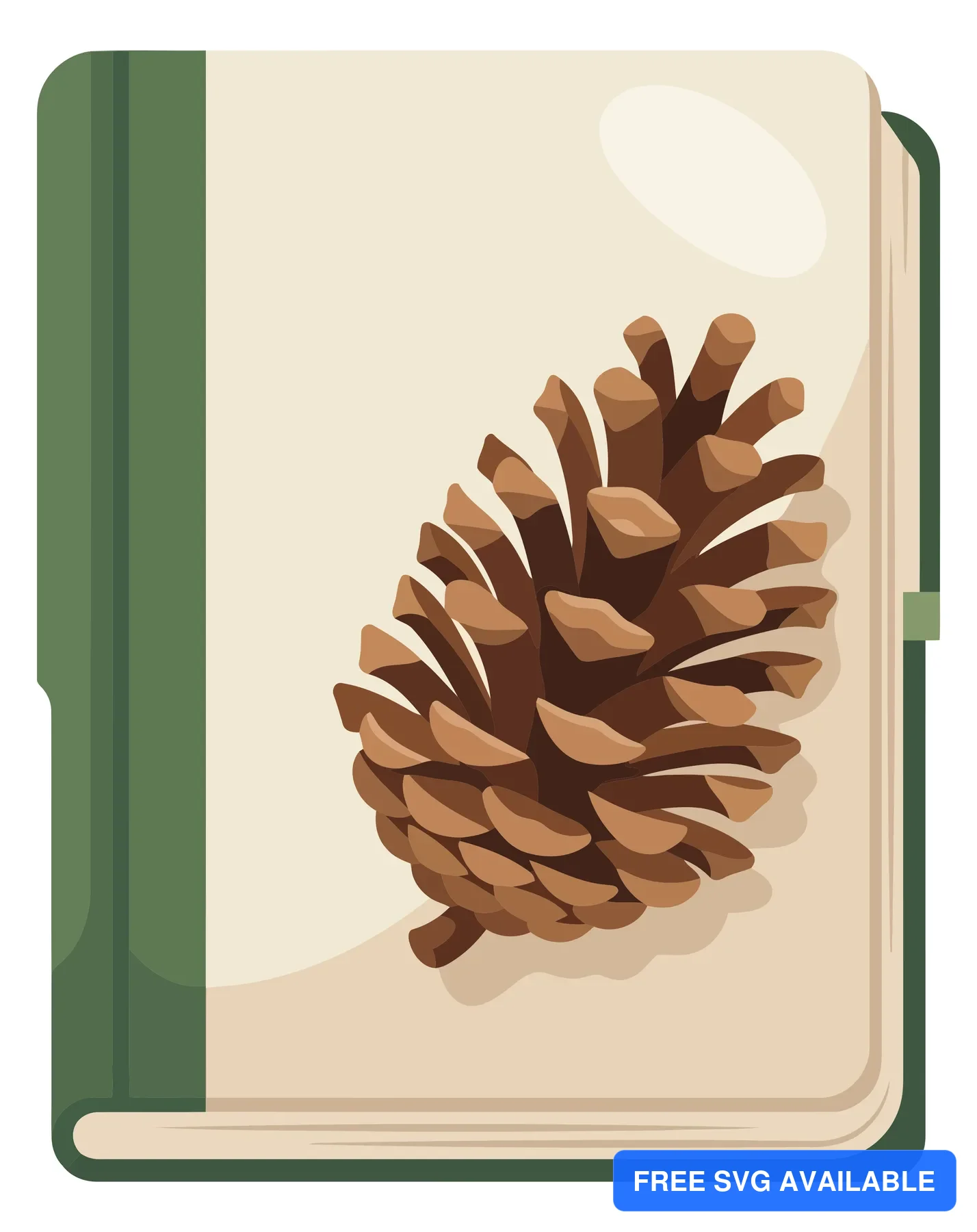 vector illustration of a closed book with a brown pine cone on the cover, featuring a minimalist design with a green spine and creamcolored